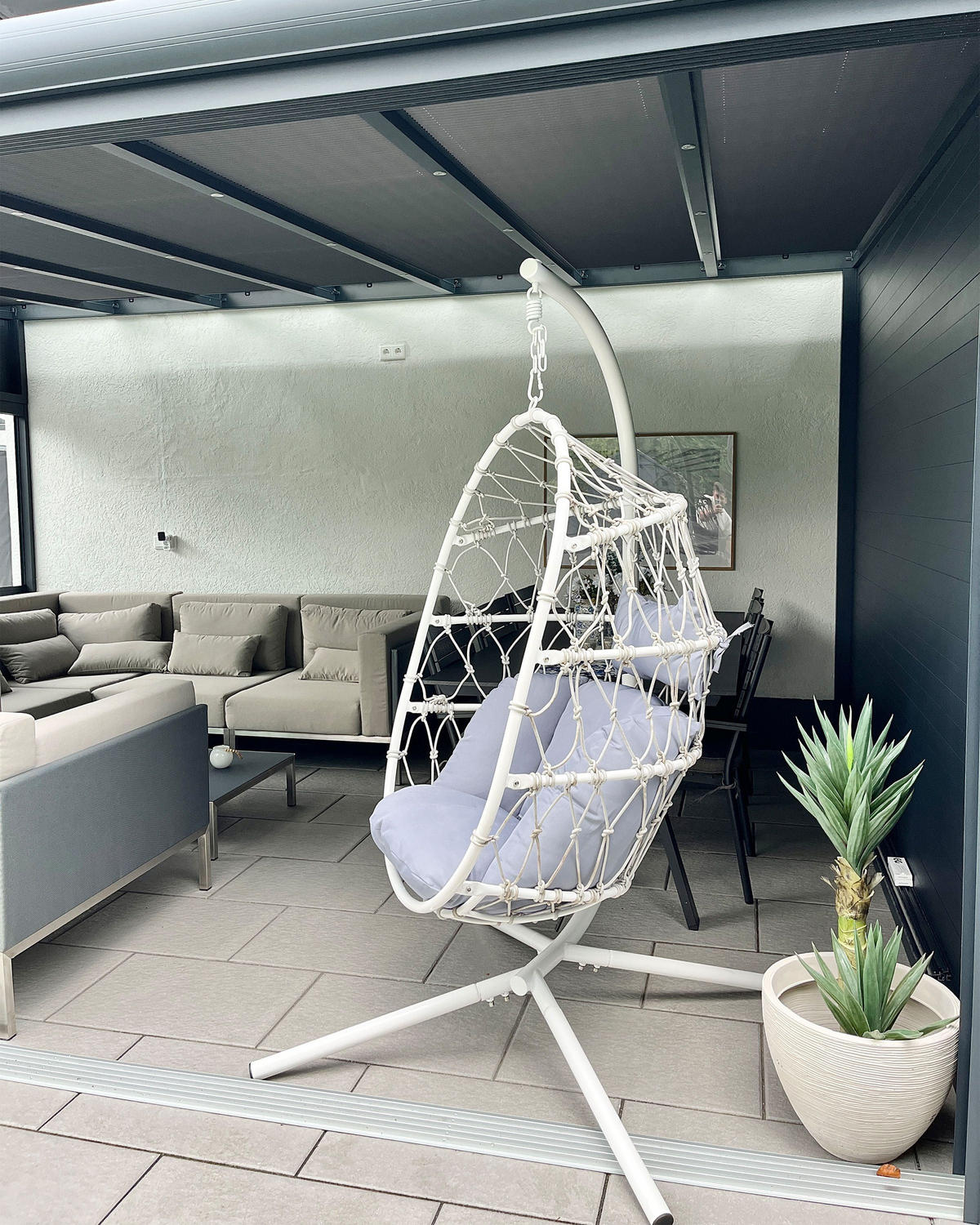 FOTOLIU SUSPENDAT cu cadru frânghie împletită alb 100/108 cm Adria - alb, material textil (108/190/100cm) - Beliani