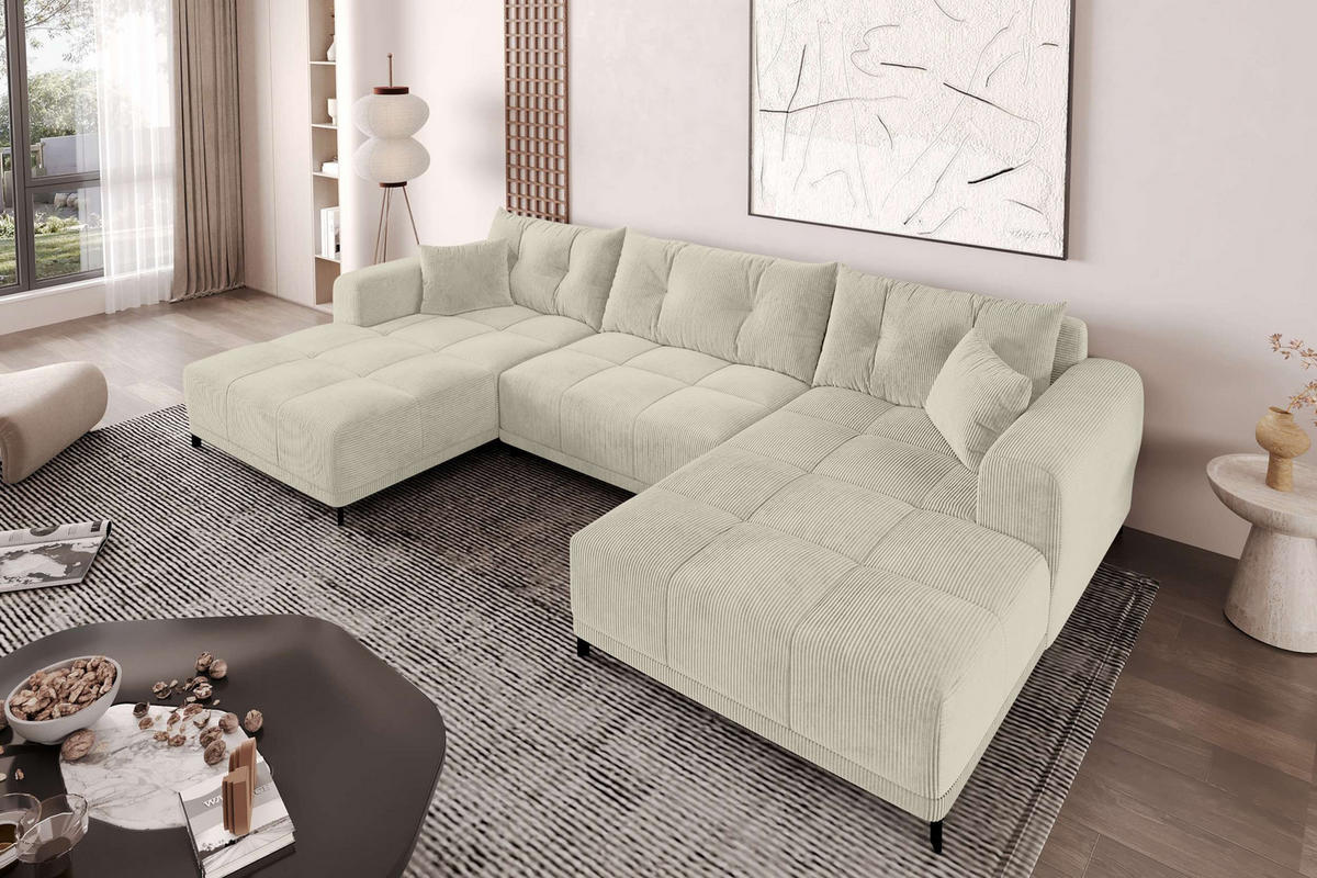 WOHNLANDSCHAFT Massimo Cordstoff Greige inkl. Schlaffunktion - Greige/Schwarz, Textil/Metall (356/94/181cm) - 99rooms