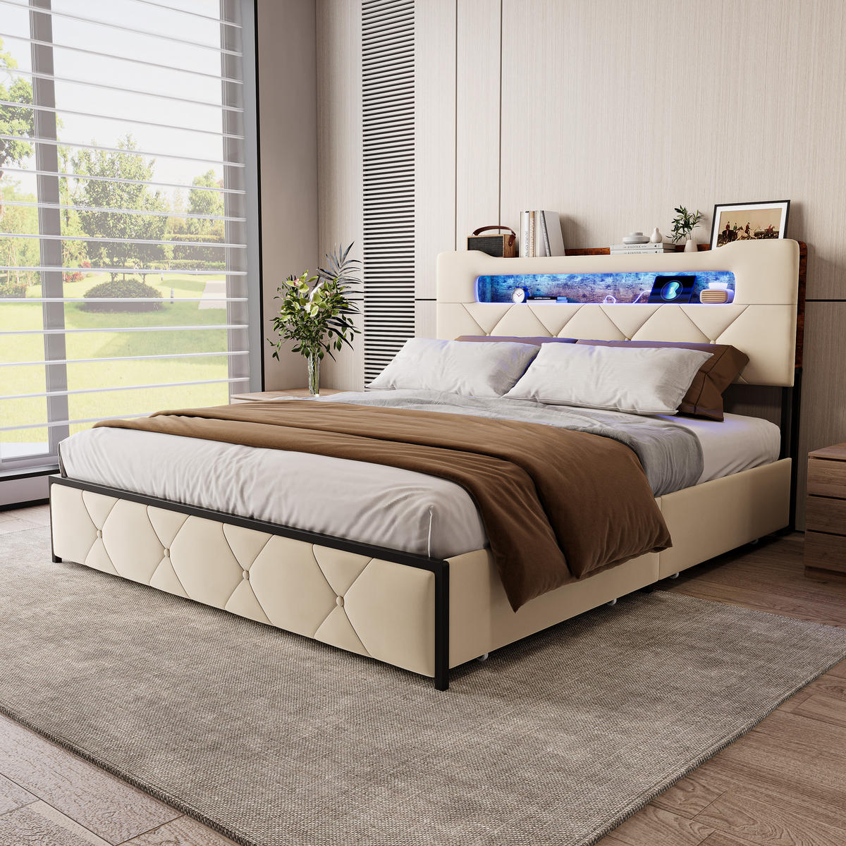 POLSTERBETT 160x200 cm LED USB Schubladen beige - Beige, Holz (160/200cm) - LEBENLANG