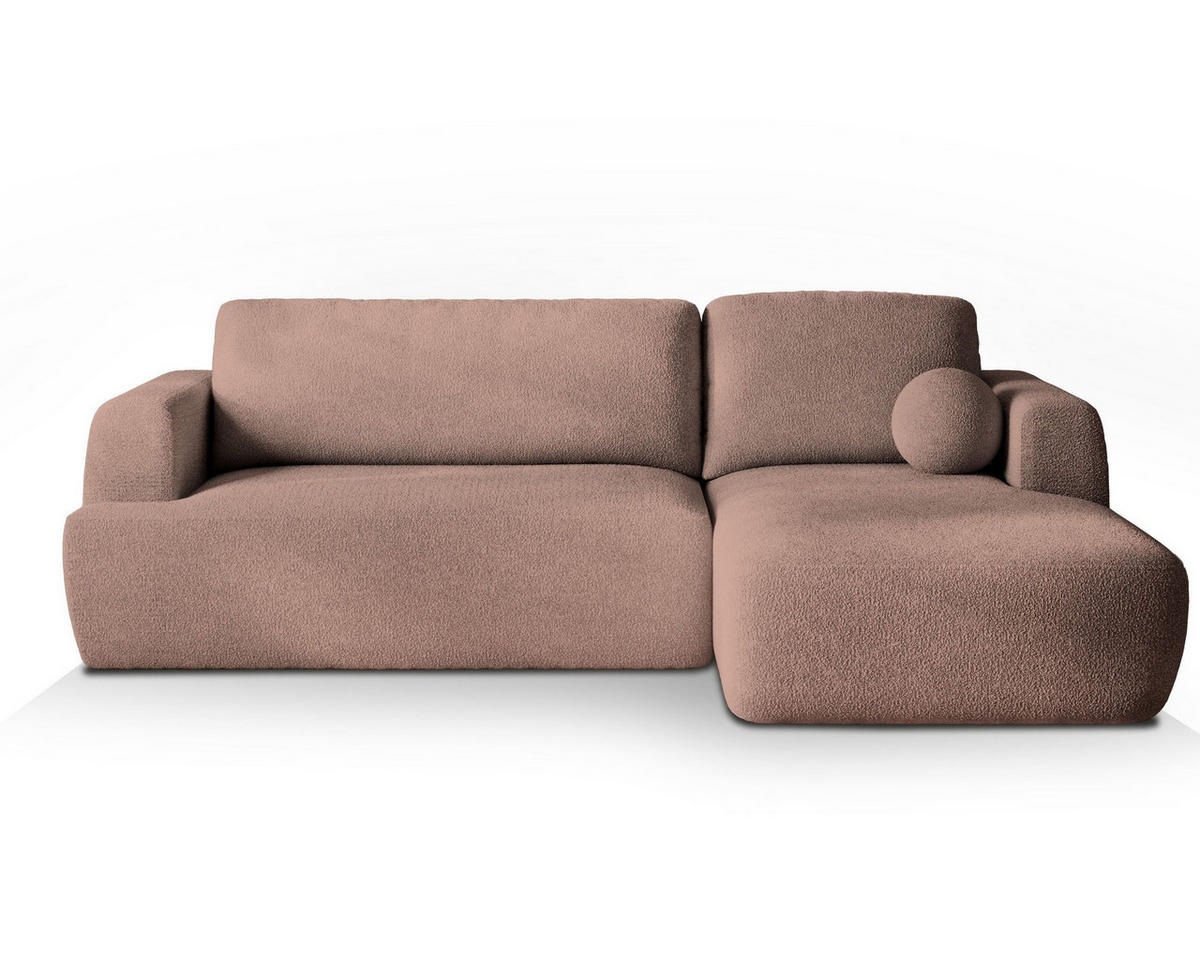 ECKSOFA SENTI N R-S Rosa Boucle-Stoff mit Schlaffunktion - Rosa, Holz (246/148cm) - MASSENO