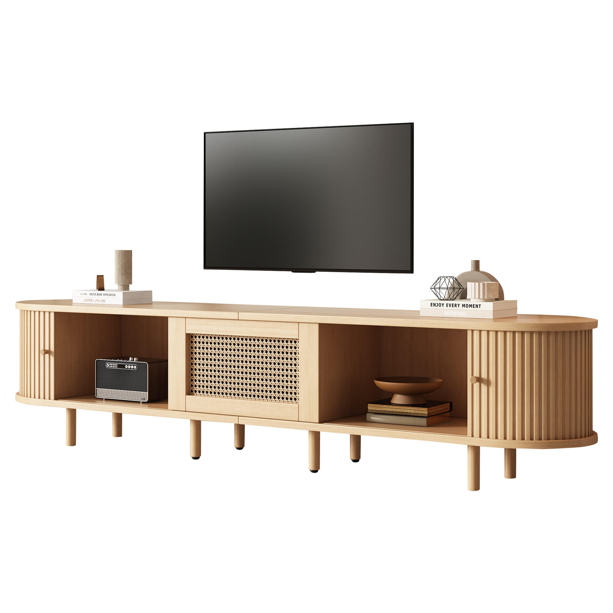 TV STOLEK v přírodní barvě se zásuvkami a posuvnými dvířky pro TV do 70 palců, 180×40×40 cm - přírodní, kompozitní dřevo (180/40/40cm) - STILVORA