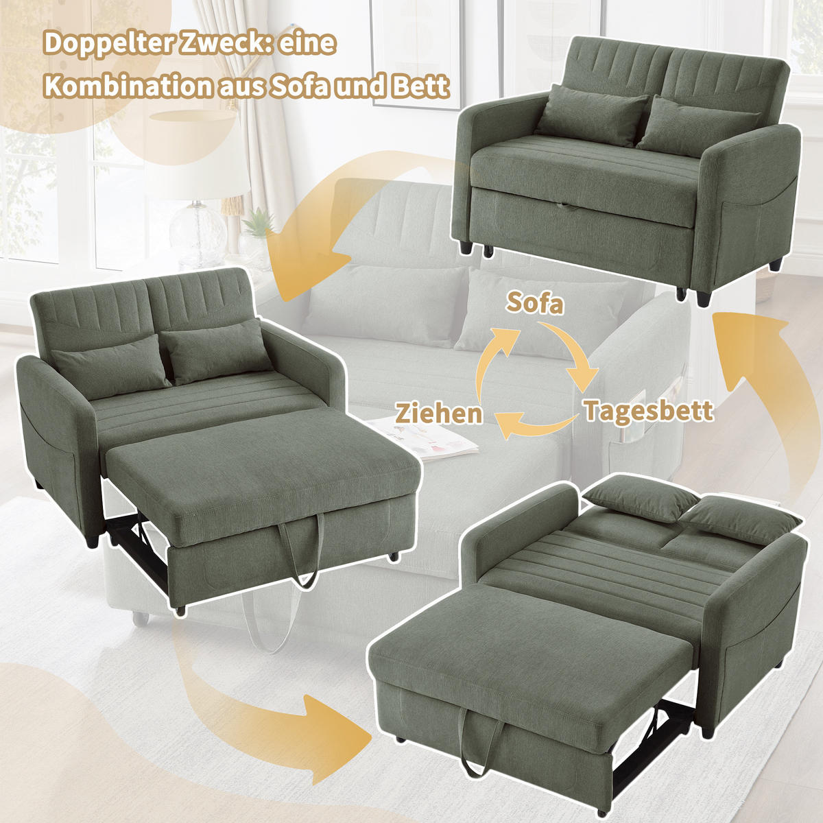 SOFABETT Baumwoll-Leinen mit ausziehbarer Schlaffunktion Olivgrün 114/77/82,5 cm - Olivgrün, Textil (77/82.5/114cm) - Redom