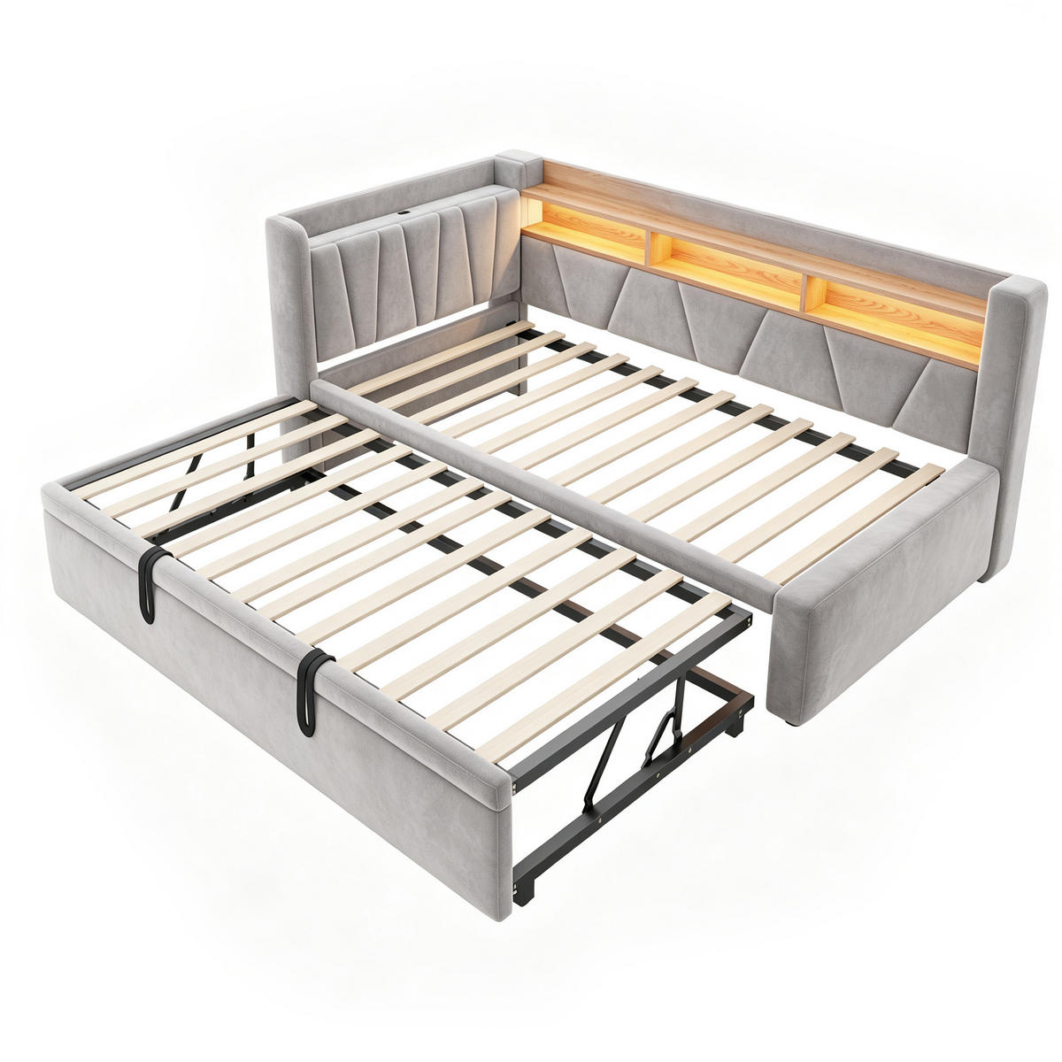 TAGESBETT 90x200/90x190 mit LED, USB/Stauraum, 3-in-1 Funktion, Samt, Grau - Grau, Holz (90/200cm) - LVHOM