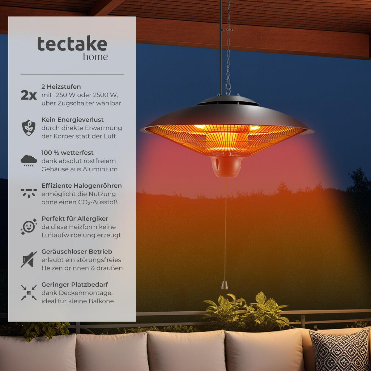 INFRAROTHEIZSTRAHLER Solaris Orbit,einfache Montage, 58 x 58 x 32 cm,schwarz - Schwarz, Metall (58/32/58cm) - tectake