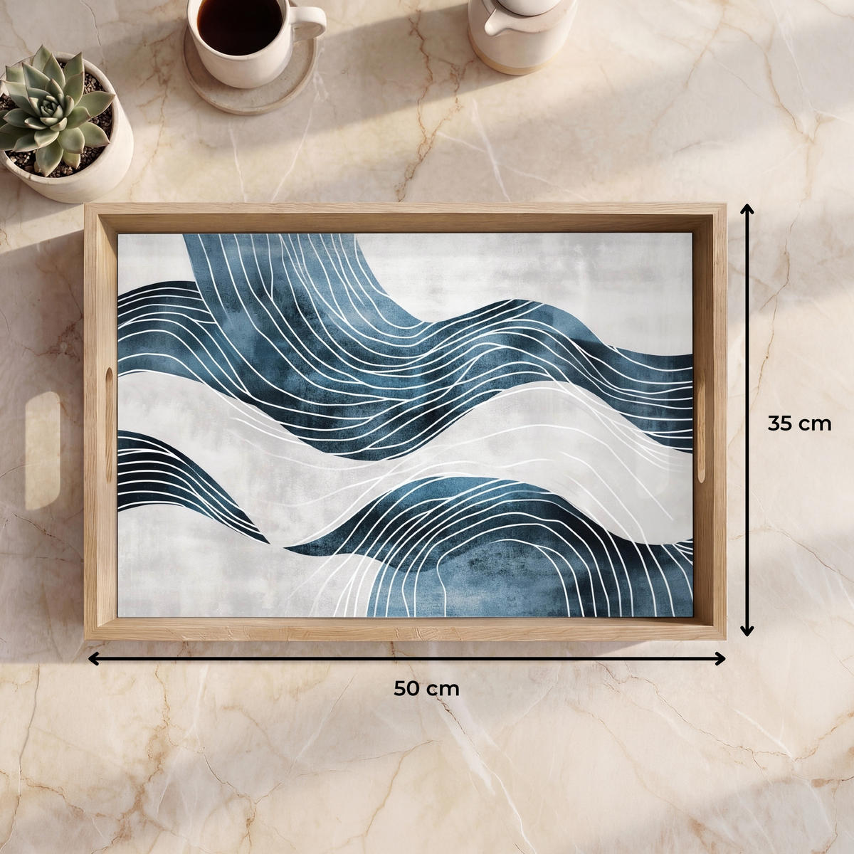 SERVÍROVACÍ PODNOS Čáry - vlny - abstraktní - modrá 50x35 cm - modrá, dřevo (50/5/5cm) - OnlyWow