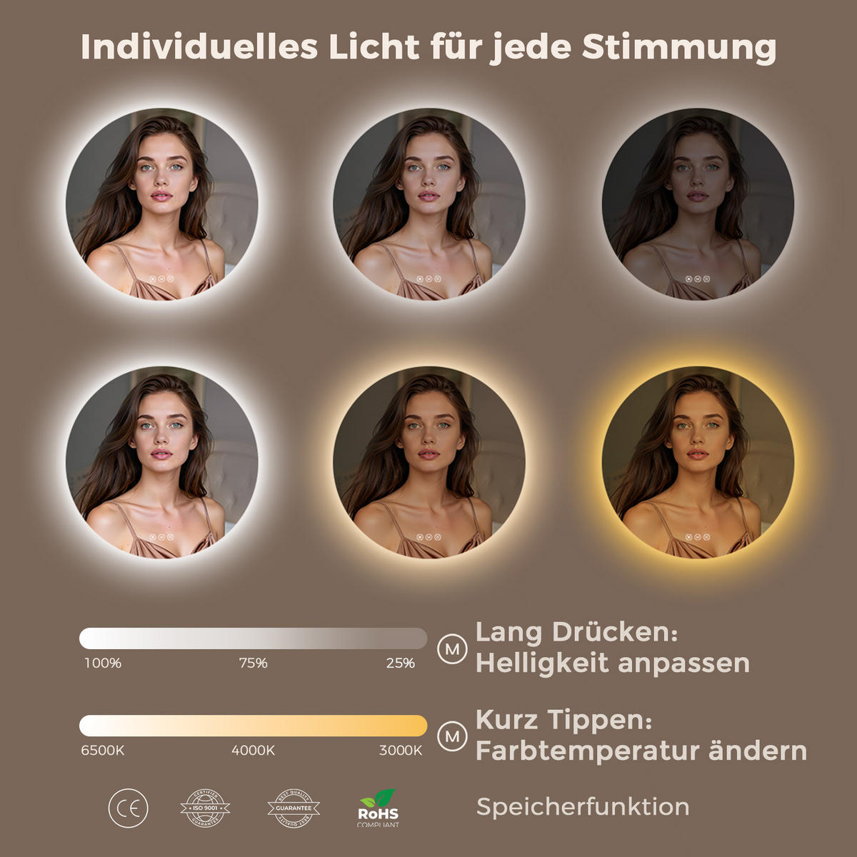 BADSPIEGEL MIT BELEUCHTUNG 60 cm Rund mit dimmbarer LED-Beleuchtung und Antibeschlag - Transparent, Glas (60/60/3.5cm) - S'AFIELINA