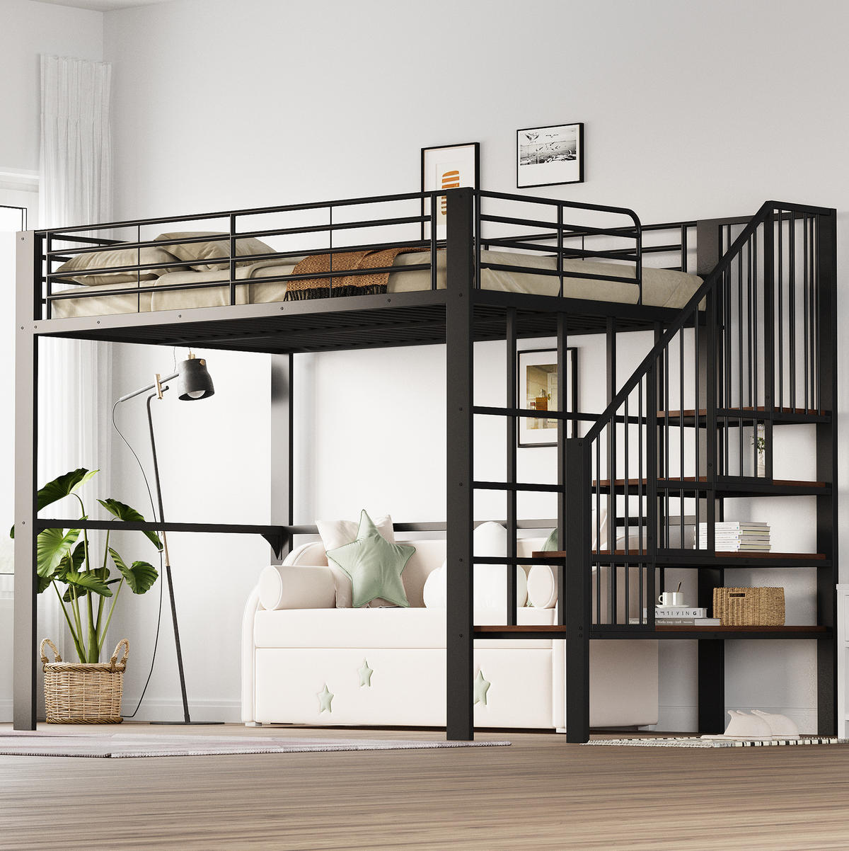 HOCHBETT 140/200 cm, Schwarz mit Stauraum und Treppe - Schwarz, Metall (140/200cm) - MIVRAY