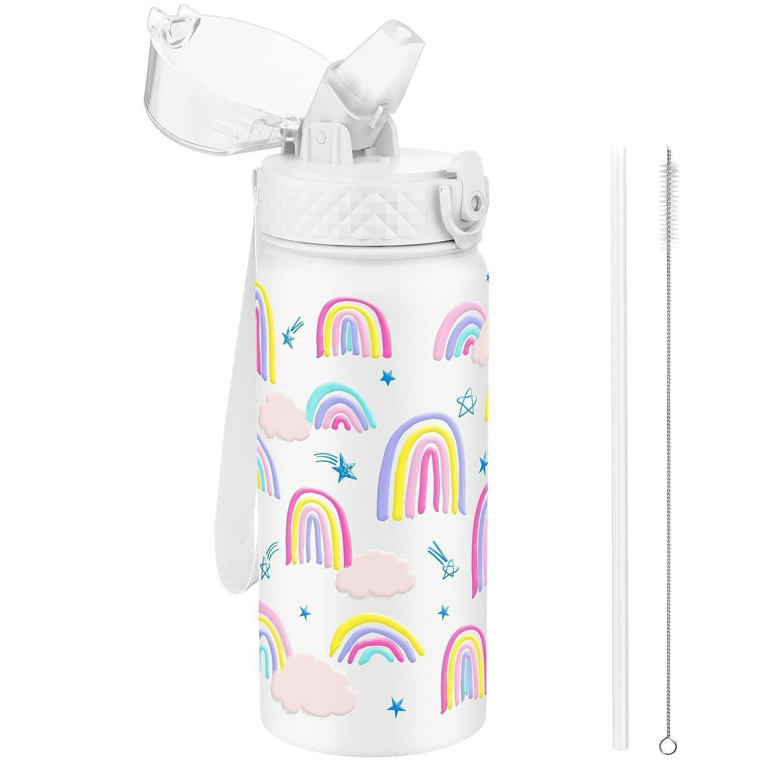 TRINKFLASCHE Kinder 550 ml Edelstahl mit Strohhalm und auslaufsicherem Deckel BPA-frei Weißer Regenbogen - Multicolor, Metall (7.5/7.5cm)