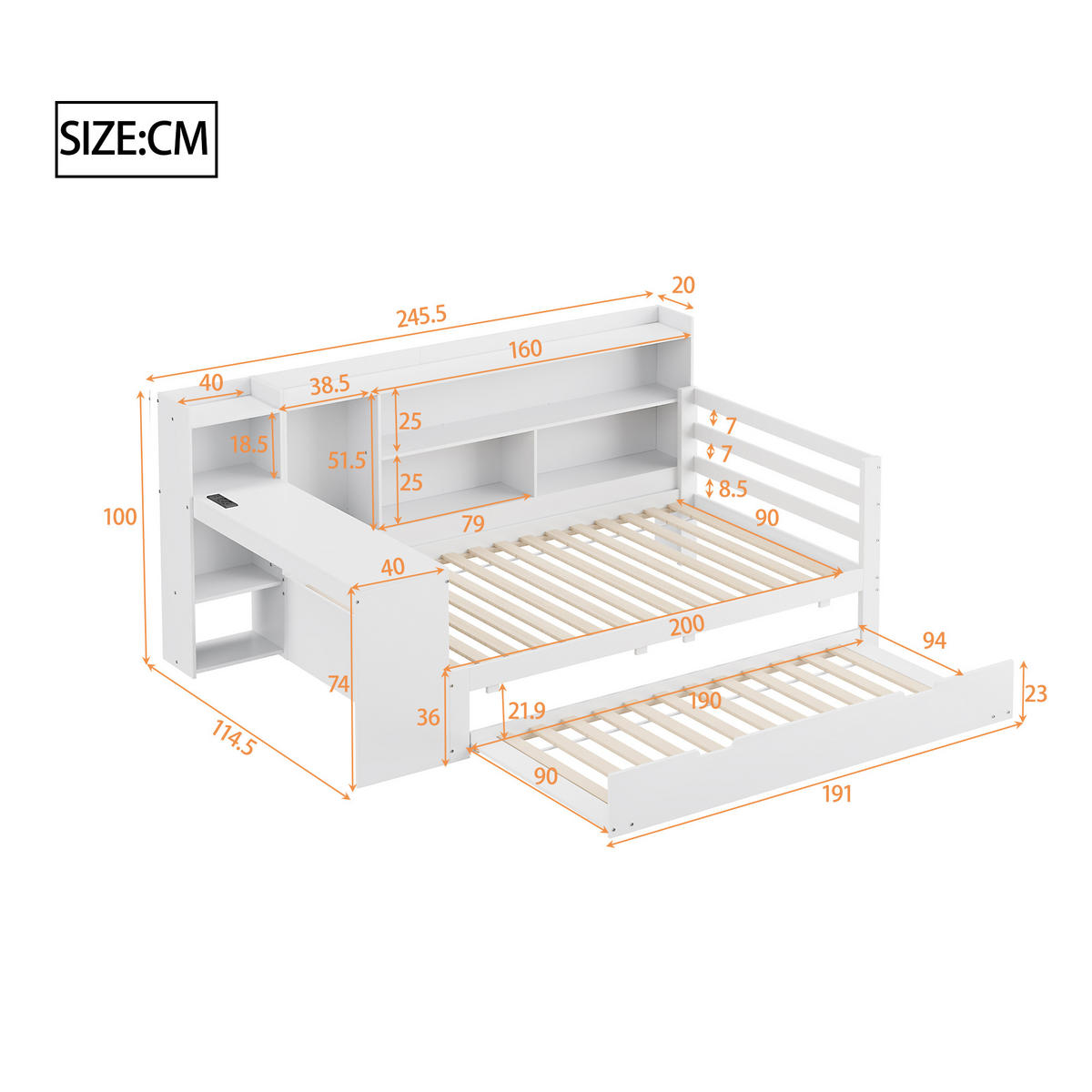 AUSZIEHBETT 90/200 cm DE-01353, in Weiß, mit Schreibtisch und Steckdose - Weiß, Holz (90/200cm) - ComfortXL