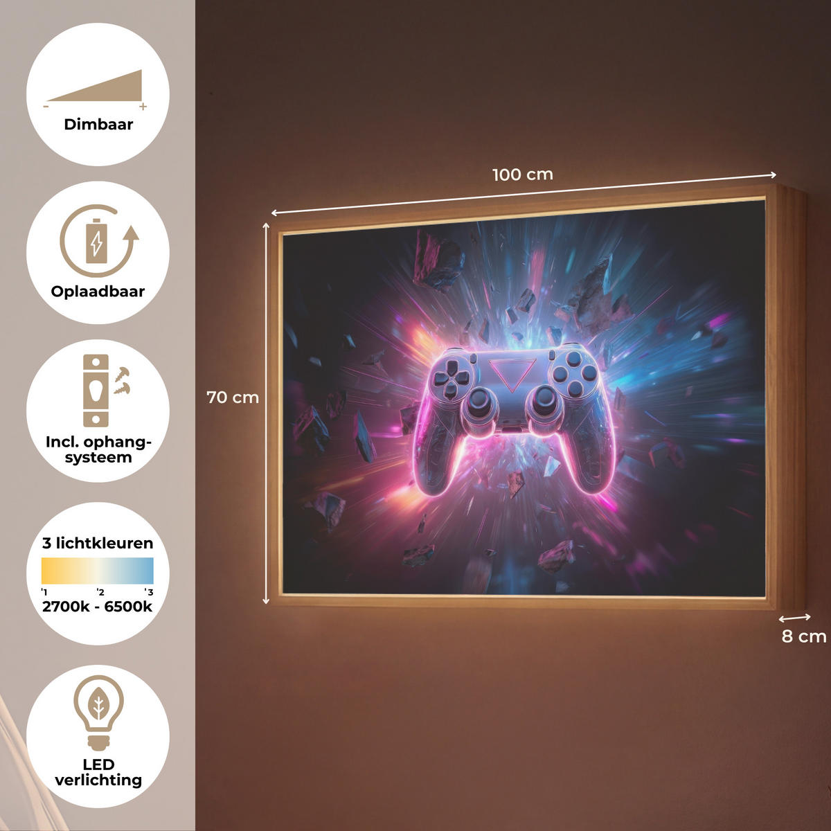 NÁSTĚNNÁ LAMPA S AKUMULÁTOREM Controller - Neon - Explosion - Abstraktní 100x70 cm - fialová, kompozitní dřevo (100/70/8cm)