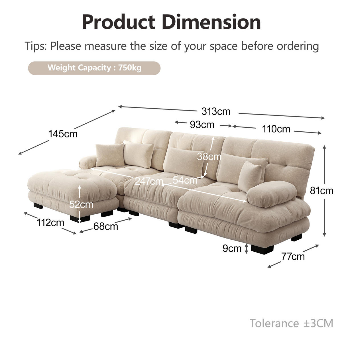 ECKSOFA Modulares 313cm Chenille Cloud-Sofa mit Ottoman für das Wohnzimmer - Cappuccino, Textil (313/145cm) - Urban Meuble