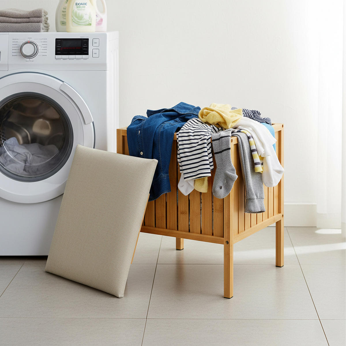 KOŠ prádla - krémová/světle hnědá, dřevo/textil (39/52/39cm) - Relaxdays