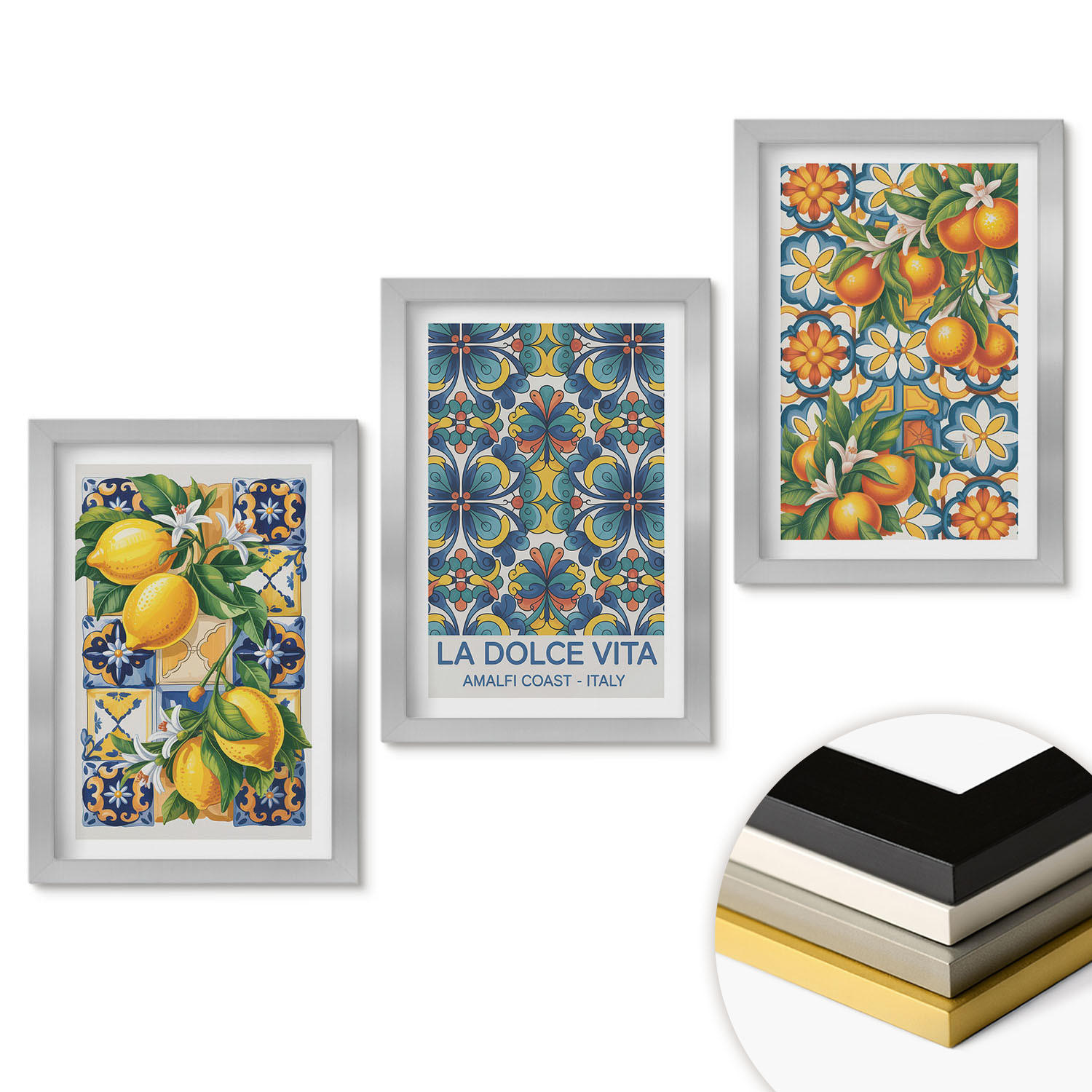 WANDBILDER 3er Set - 20x30 cm Silberner Rahmen - Zitronen-Orangenblütenmuster - Silberfarben, Kunststoff (20/30cm) - ArtPrintCave