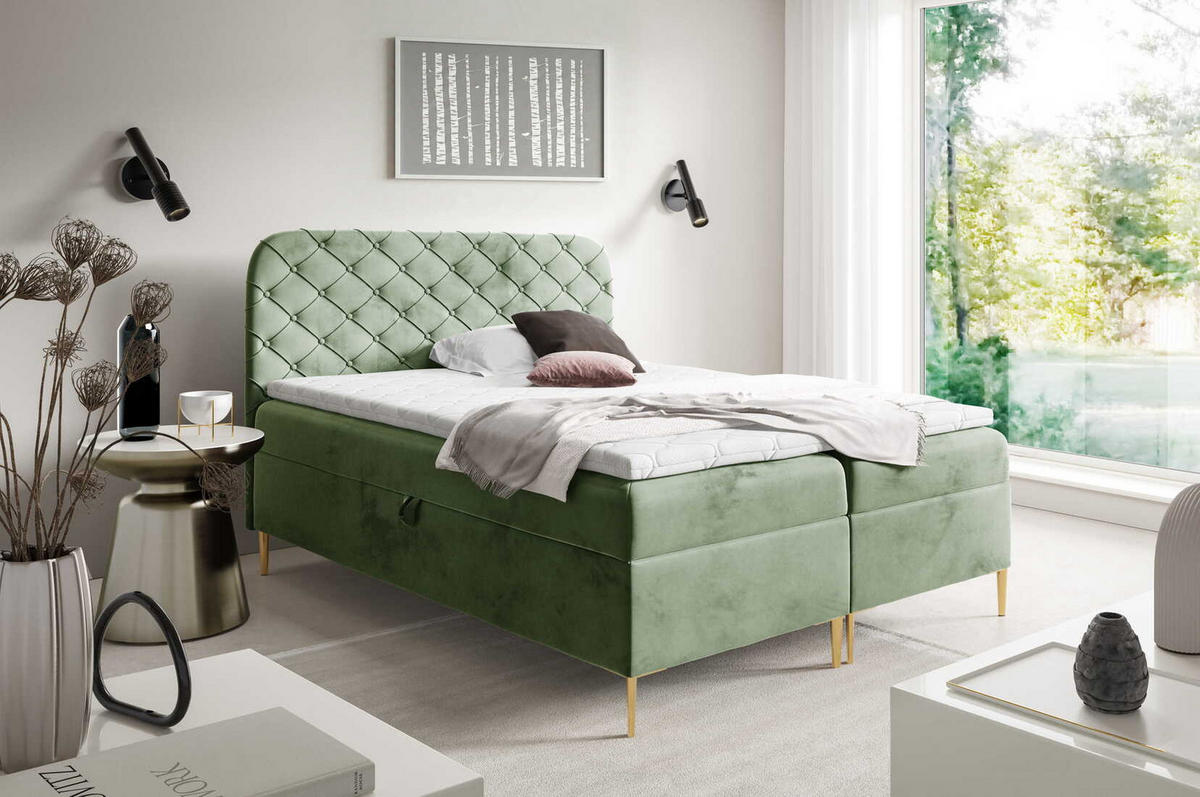 BOXSPRINGBETT 180x200 Elara, Chesterfield, 15 cm Beine, Matratze, Kaki - Olivgrün, Holz/Textil (180/200cm) - Emporius