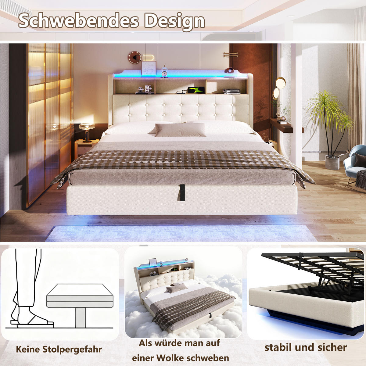 POLSTERBETT 180/200 cm in Beige mit LED, USB, Type-C und Stauraum aus Leinen und MDF - Beige, Holzwerkstoff/Textil (180/200cm) - STILVORA