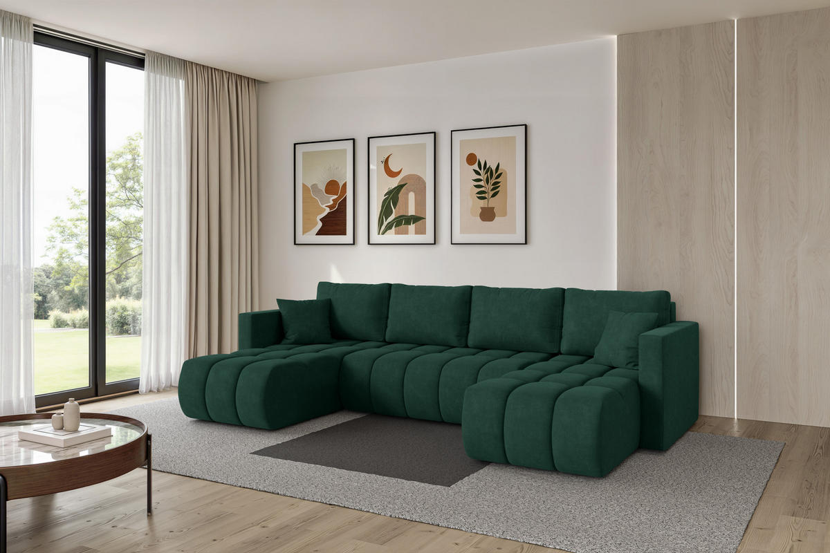 SEDACÍ SOUPRAVA DO U s funkcí spaní a úložným prostorem GARD-U 300x146x85 zelená velur - černá/zelená barva, kompozitní dřevo/textil (300/85/146cm) - ALTDECOR