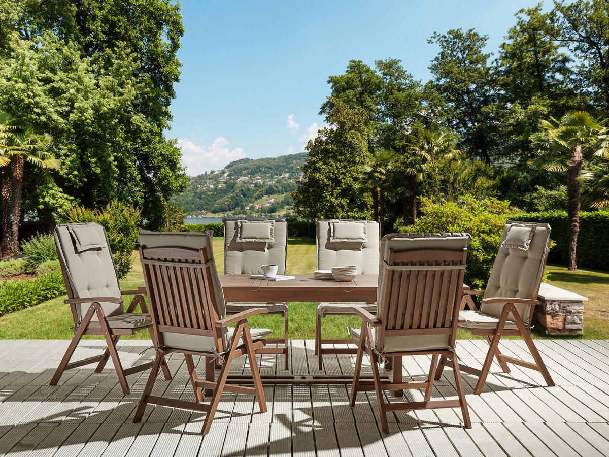 GARTENMÖBEL-SET 6-Sitzer Akazienholz Auflagen taupe Amantea - Dunkelbraun/Beige, Holz - Beliani