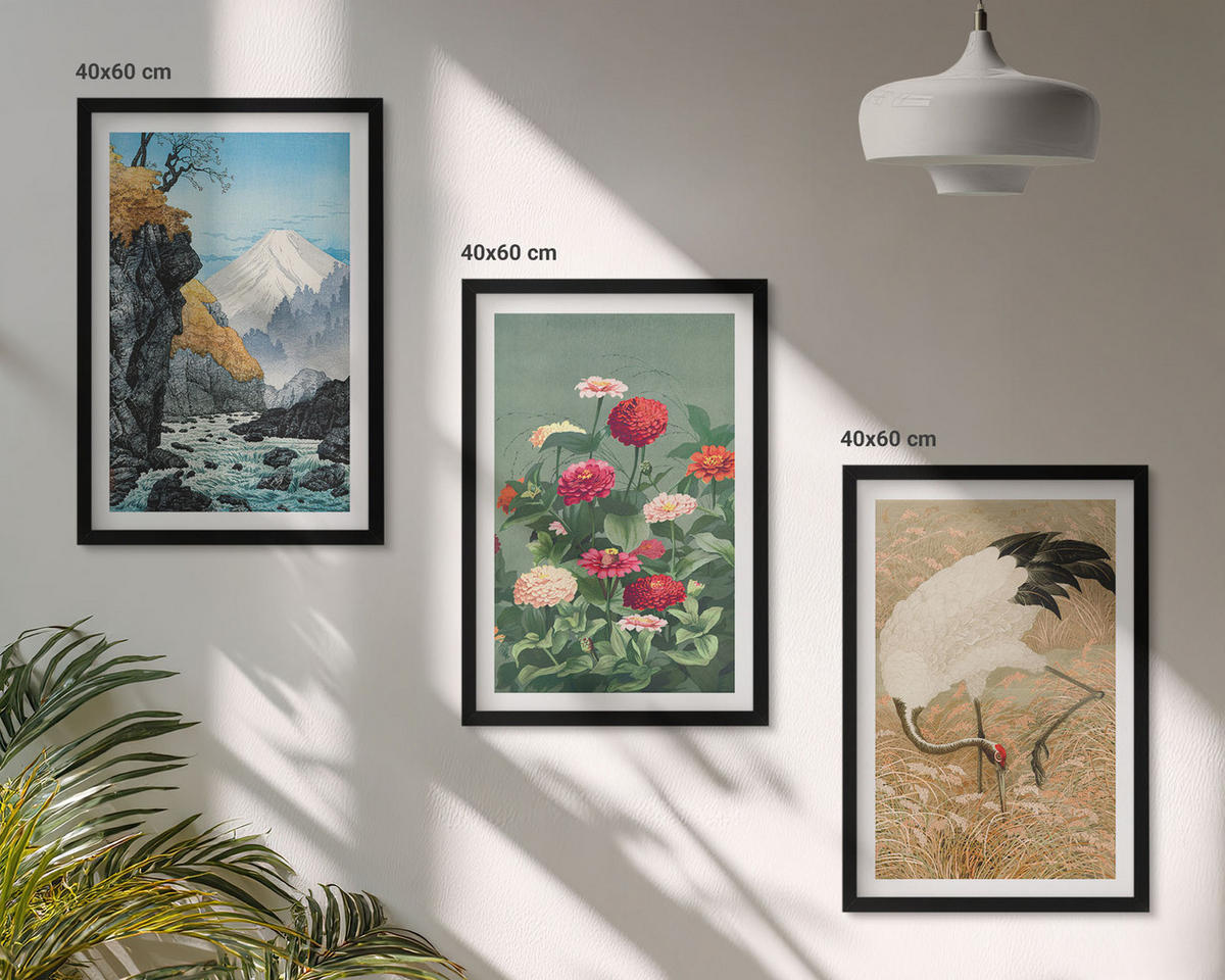WANDBILDER 3er-Set - 40x60 cm Schwarzer Rahmen - Berglandschaft, Fluss, Blumen, Kraniche - Schwarz, Kunststoff (40/60cm) - ArtPrintCave