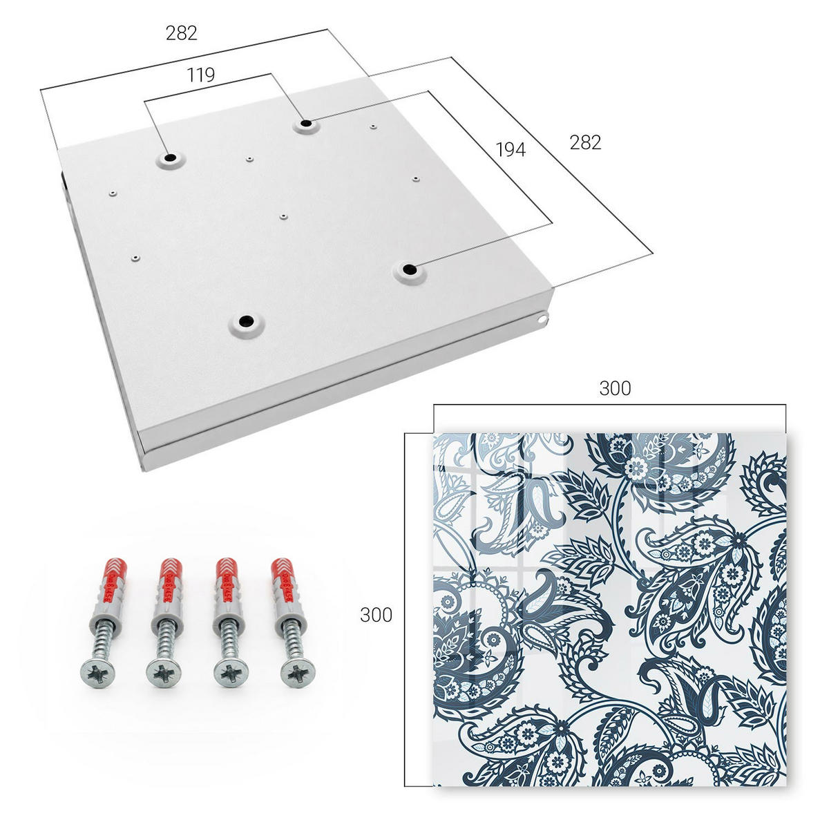 SCHLÜSSELBOX Weiß 30x30 cm – Türöffnung nach rechts - Elegante Ornamente - Grau, Metall (30/30/5cm) - TULUP