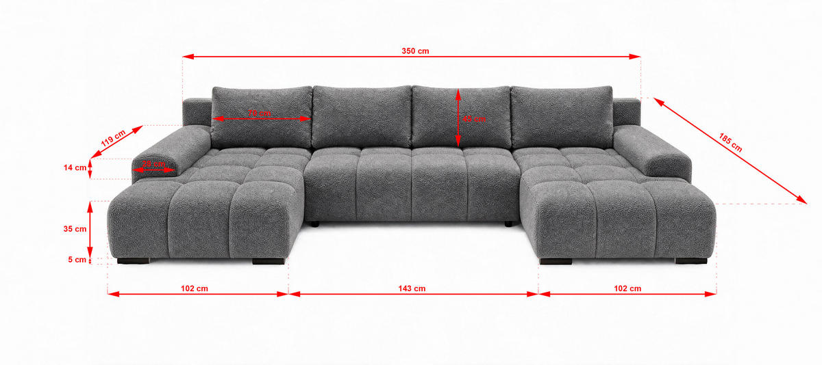WOHNLANDSCHAFT OVIA U mit Bettkasten und Schlaffunktion, Bouclé-Stoff in U-Form - Dunkelgrau, Textil (350/80/185cm)