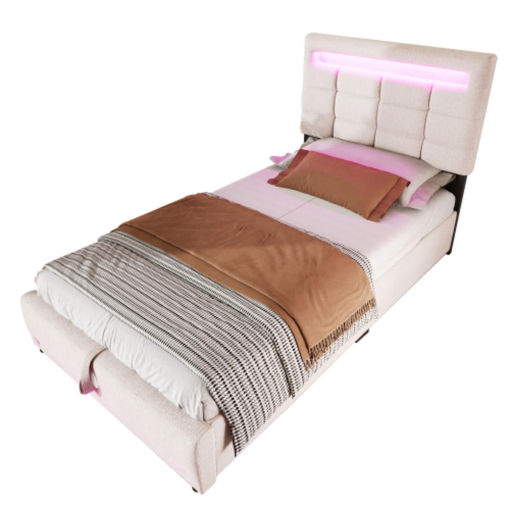 POLSTERBETT 90 × 200 cm mit Leinenbezug, hydraulischem Stauraum, 16-Farben-LED-Leiste und USB-Anschluss, beige - Beige, Textil (90/200cm) - Luhomfu