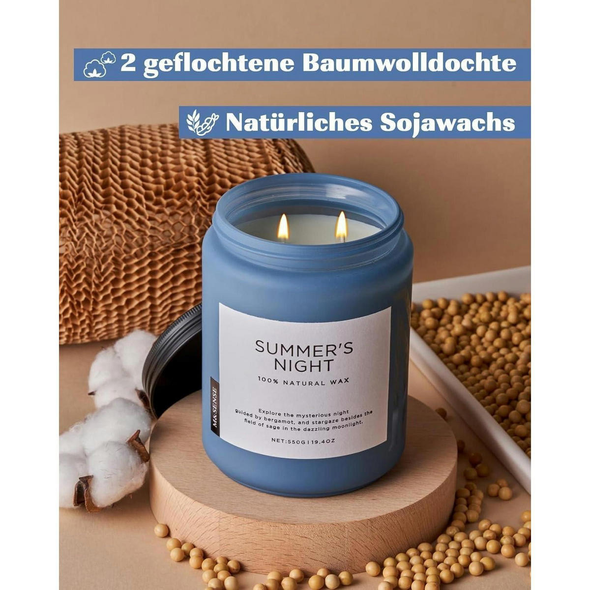 DUFTKERZE Sommernacht 550g Sojawachs mit 2 Dochten - Blau, Paraffin (13cm)