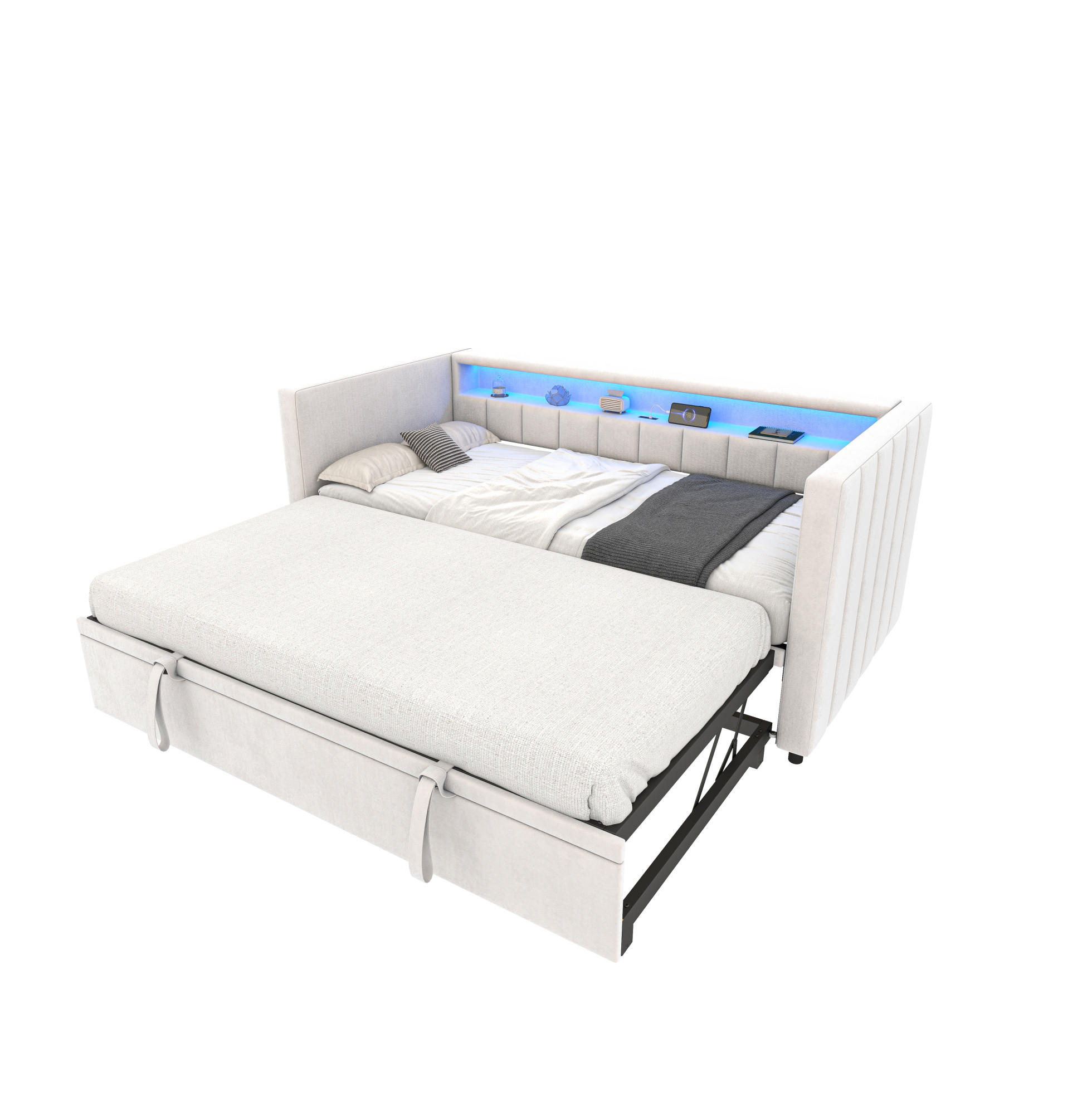 RAZTEGLJIVA postelja iz žameta 90x190 cm bež z LED osvetlitvijo, USB-Type-C in predalom - bež, tekstil (90/190cm) - Modfu
