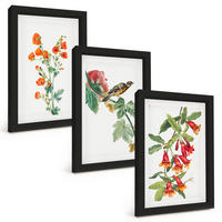 BILDER SET 3er Set - 20x30 cm Schwarzer Rahmen - Gemalte Blumen und ein Vogel - Schwarz, Kunststoff (20/30cm) - TULUP