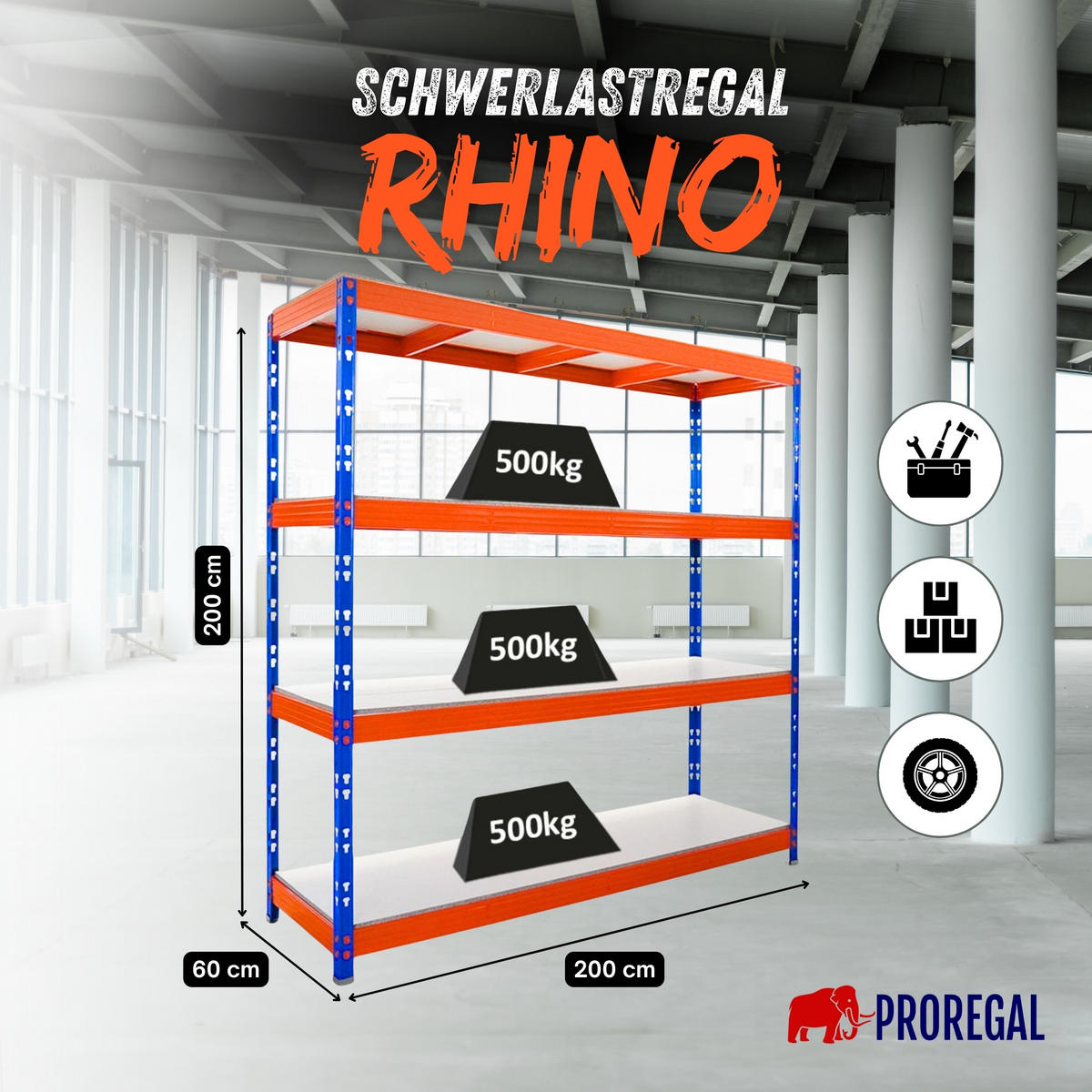SCHWERLASTREGAL Rhino 200x200x60 cm 4 Melamin-Ebenen 16mm Fachlast 500 kg Blau/Orange - Blau/Orange, Metall (200/200/60cm) - PROREGAL