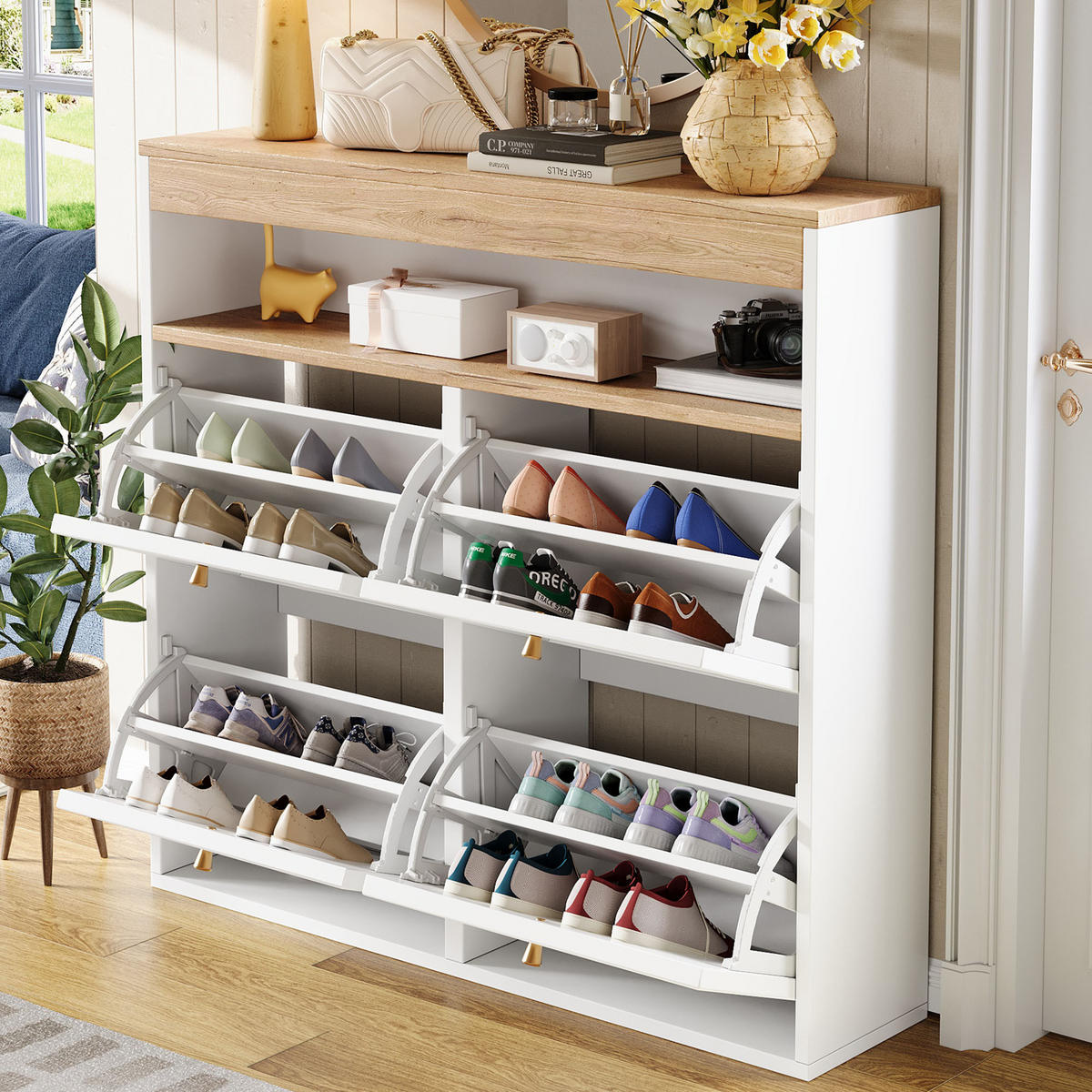 SCHUHSCHRANK 4 Klappen Weiß Holzoptik Modern Flur - Multicolor, Holzwerkstoff (105/100/25cm) - FLIEKS