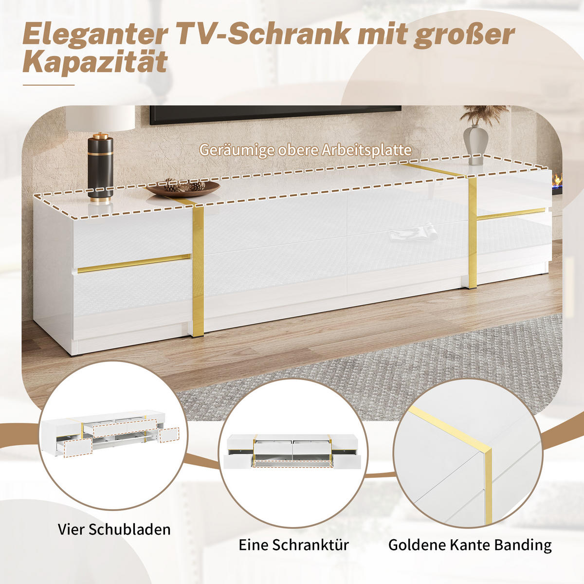 LOWBOARD in Weiß TV-Schrank mit Schubladen und Türen für Wohnzimmer, B180/T40/H38 cm - Weiß, Holzwerkstoff (180/38/40cm) - STILVORA