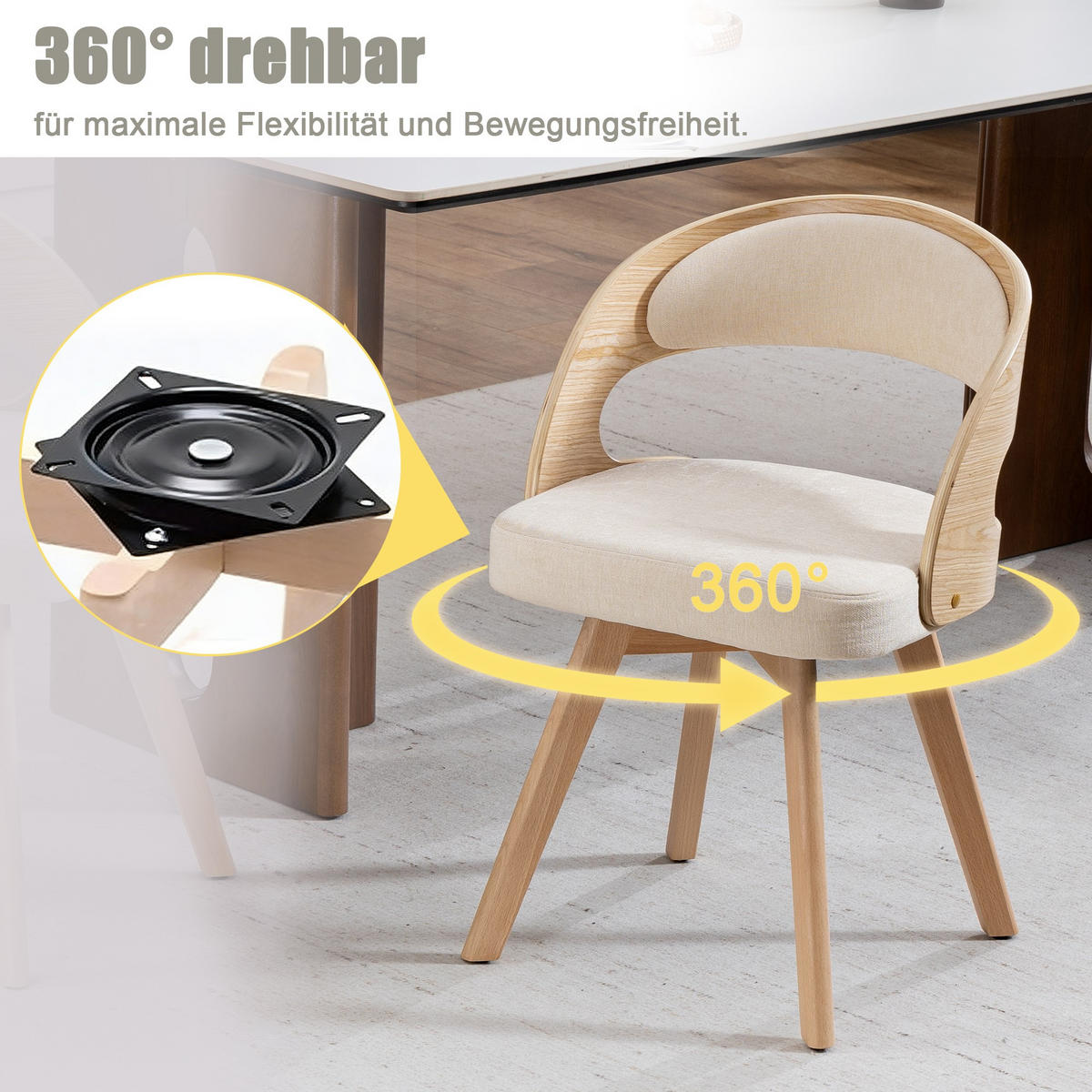 STUHL 2er-Set Esszimmerstuhl,360° drehbar,Massivholzrahmen,Leinenstoff,Beige - Beige, Holz (44/72/41cm) - LVHOM