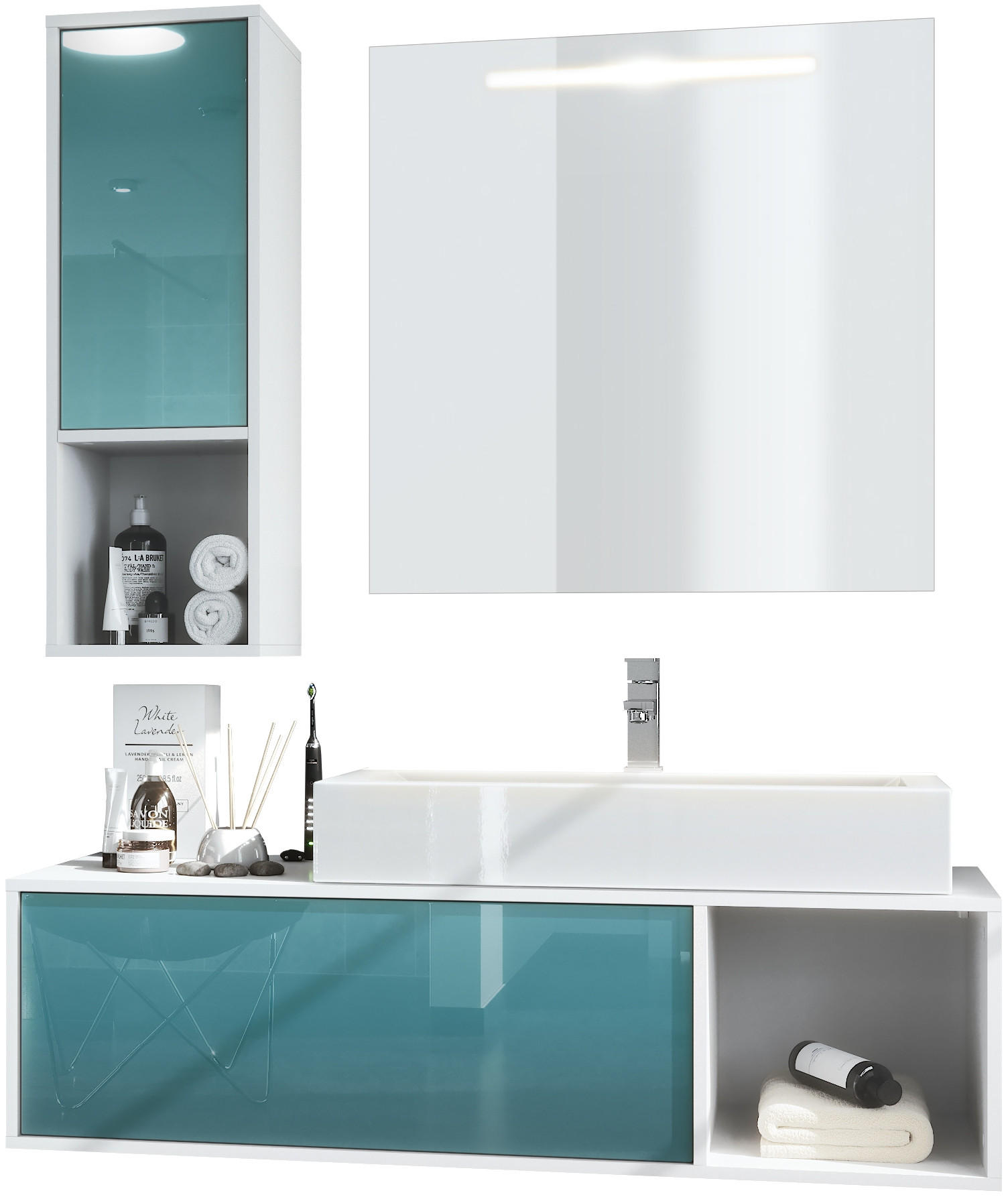 BADMÖBELSET La Costa Fronten in Petrol Hochglanz - Petrol, Holzwerkstoff (126.5/190/46cm) - Vladon