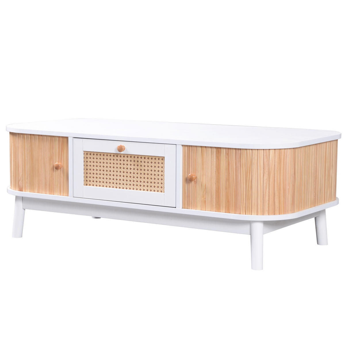 COUCHTISCH weiß & holz-optik mit rattan-schublade & massivholz-schiebetüren - Weiß, Holzwerkstoff (55/110/38.5cm) - Urban Meuble