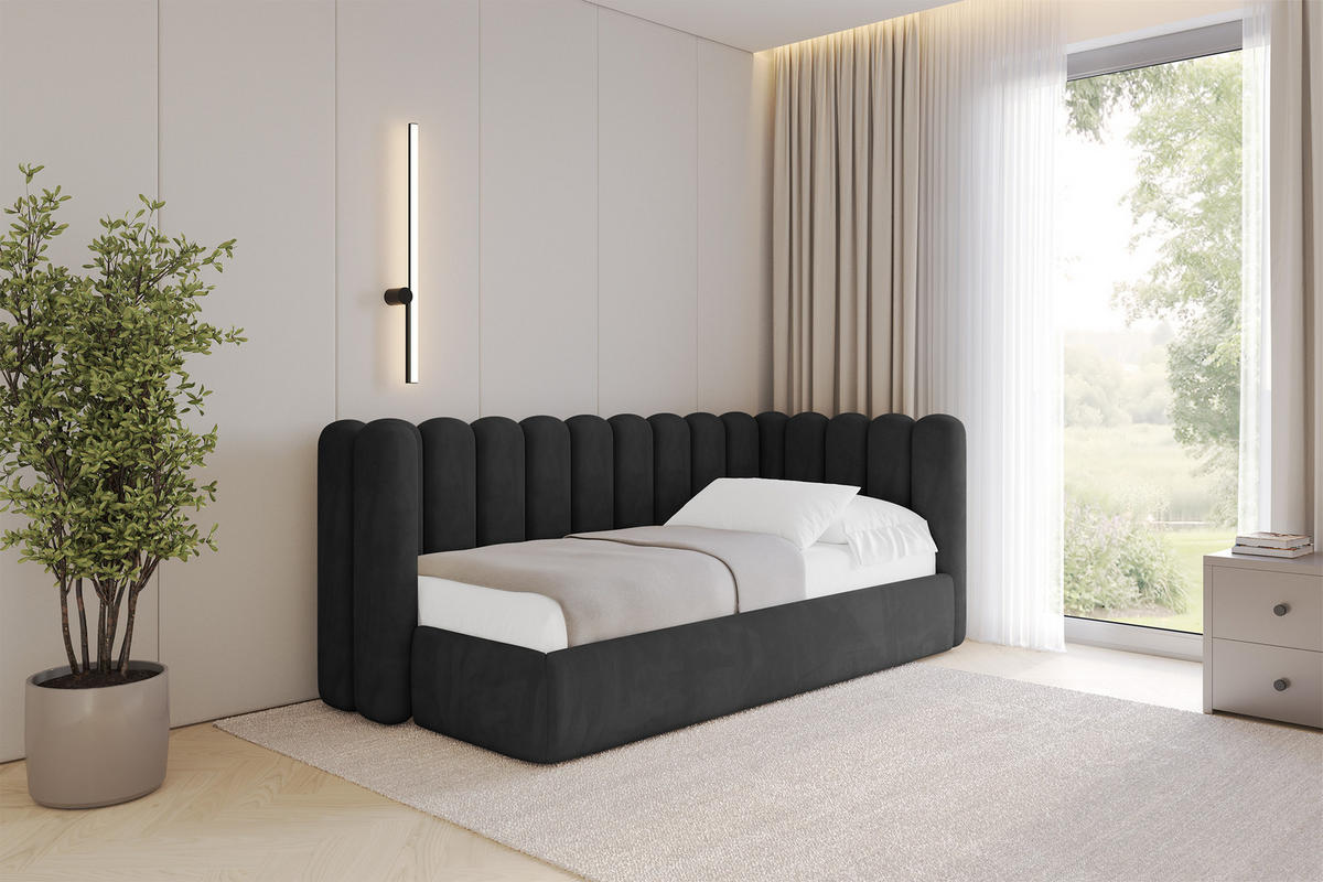 EINZELLBETT Jugendbett mit Bettkasten und Matratze H3/H4, Links - HUGY 100x200 Schwarz - Schwarz, Holzwerkstoff/Textil (100/200cm) - ALTDECOR