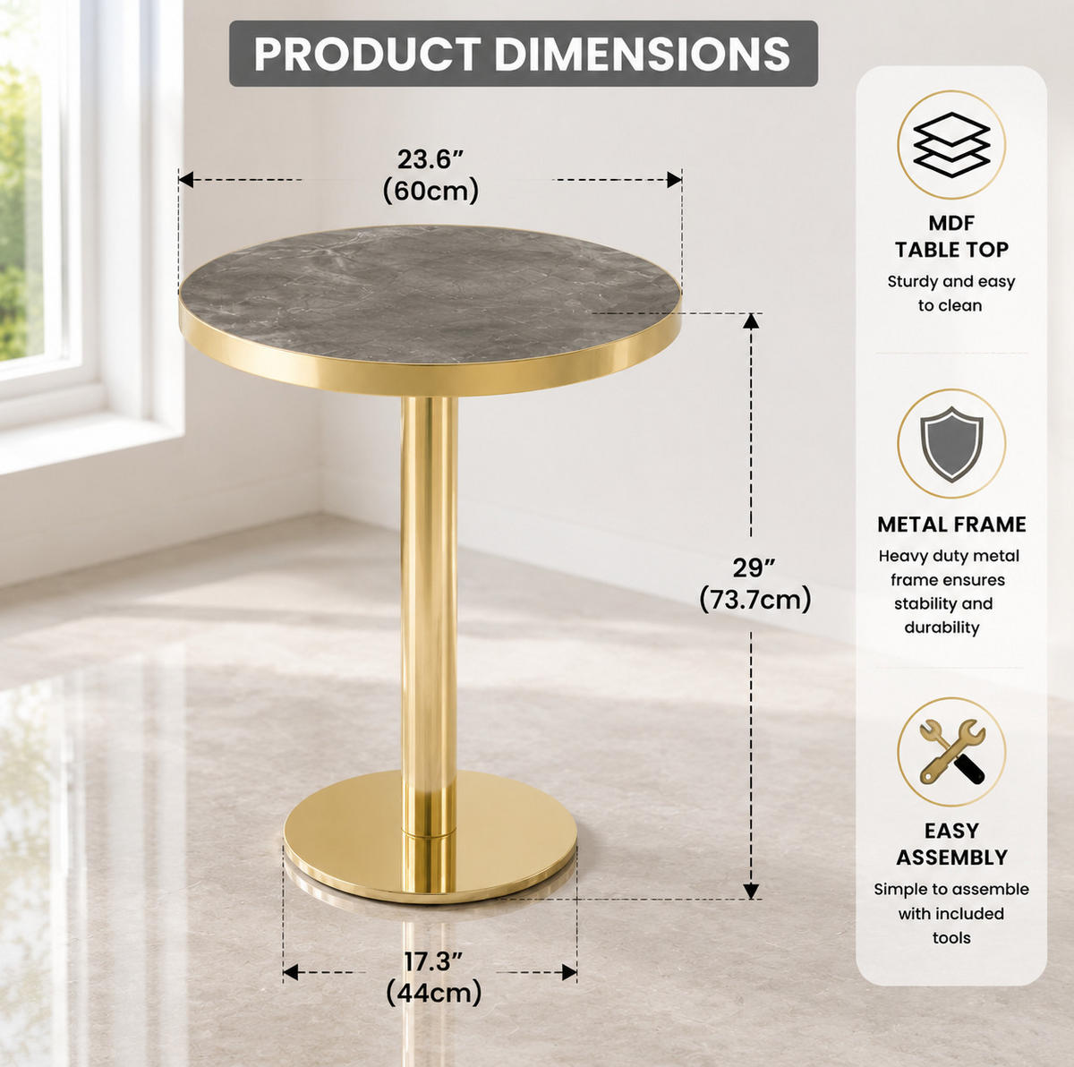 BARTISCH in Grau|Goldfarben Beistelltisch mit Marmoroptik-Tischplatte und Edelstahlgestell, B60/T60/H74cm - Goldfarben/Grau, Holzwerkstoff/Metall (59.5/59.5/73.5cm) - STILVORA