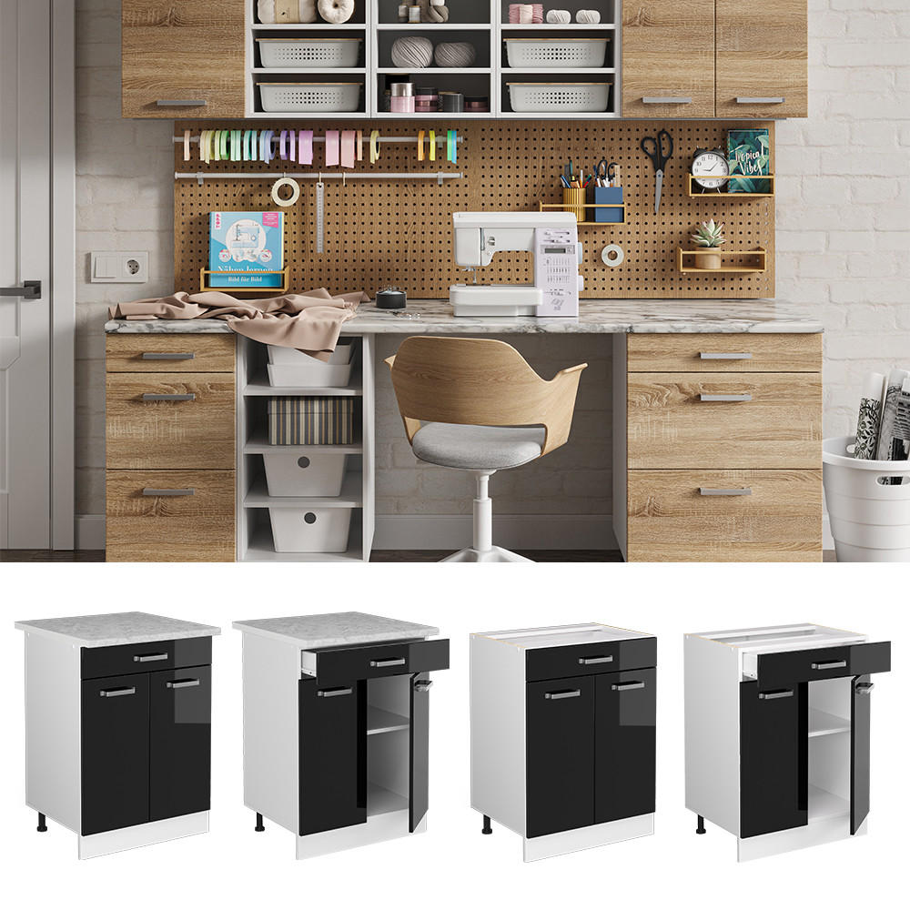 UNTERSCHRANK R-Line Schwarz Hochglanz 60 cm mit Schubladen, ohne AP - Schwarz Hochglanz/Weiß, Holzwerkstoff (60/81.6/46cm) - Vicco
