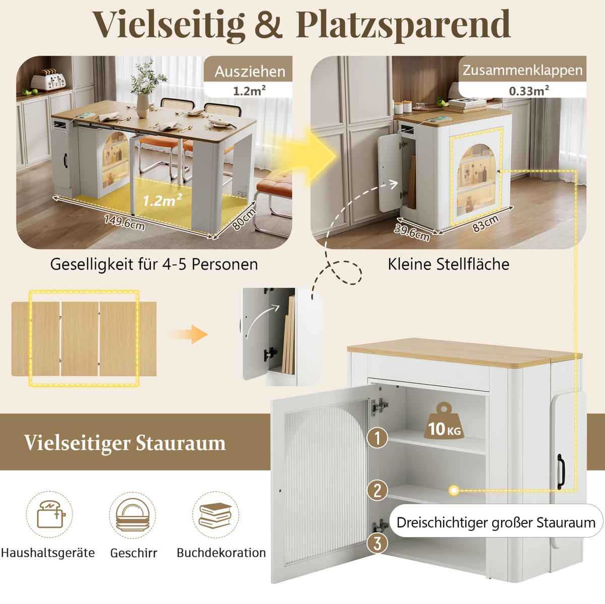 KÜCHENINSEL 83/39,6-149,6/77 cm in Weiß/Natur mit LED-Beleuchtung und Rollen - Weiß, Holzwerkstoff (83/77/39.6cm) - Flora Grace