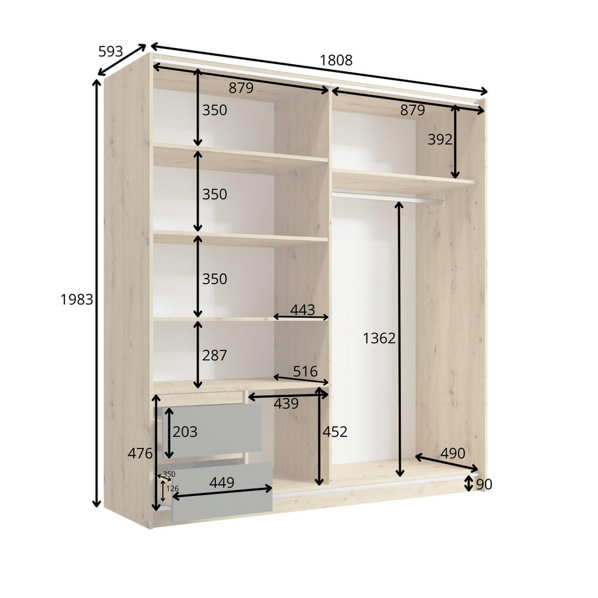KLEIDERSCHRANK Graphit Schwarz, Eiche Artisan 181/199/59 - Eiche Artisan, Holzwerkstoff (181/199/59cm) - RAUMHIRSCH FURNITURE