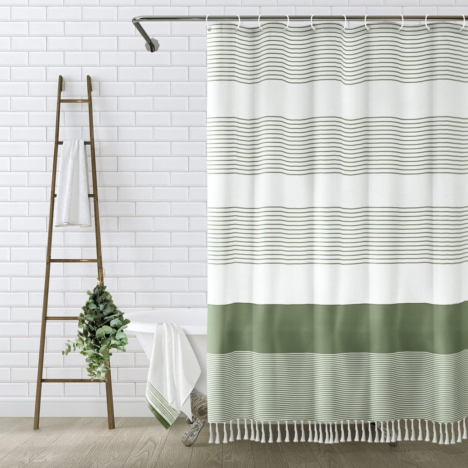 DUSCHVORHANG Boho Grün fürs Badezimmer gestreift Leinen rustikal - Grün, Textil (183/183cm) - MCBOSON