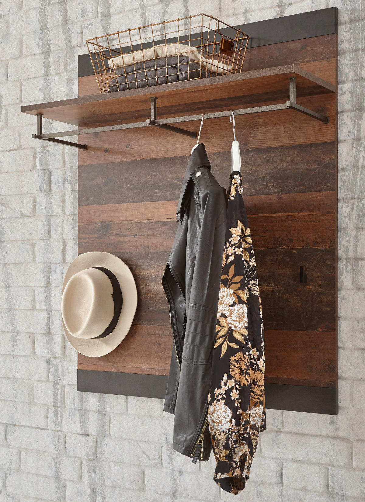 GARDEROBENPANEEL Used Wood, Matera grau 80 cm, Wandgarderobe mit Kleiderstange - Naturfarben/Grau, Holzwerkstoff/Metall (80/100/27cm) - Furn.Design