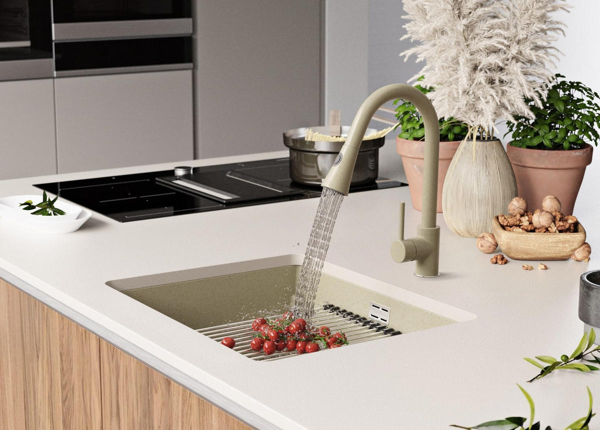 UNTERBAUSPÜLE GRANIT Praga, 2-er set Beige 56/47 cm 1 Becken + Ablauf-Set + Aufrollbare Abtropffläche ab 60er Unterschrank - Chromfarben/Beige, Kunststoff (56/20/47cm) - Primagran