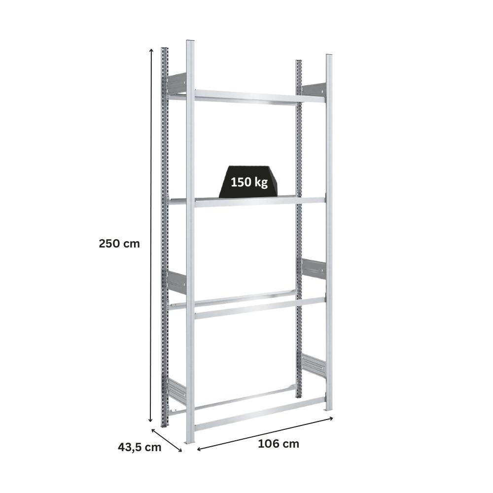 REIFENREGAL TIRE PRO 250x100x43cm 4 Ebenen 150kg Fachlast Bis zu 5 Reifen pro Ebene Verzinkt - Silberfarben, Metall (100/250/43cm) - PROREGAL