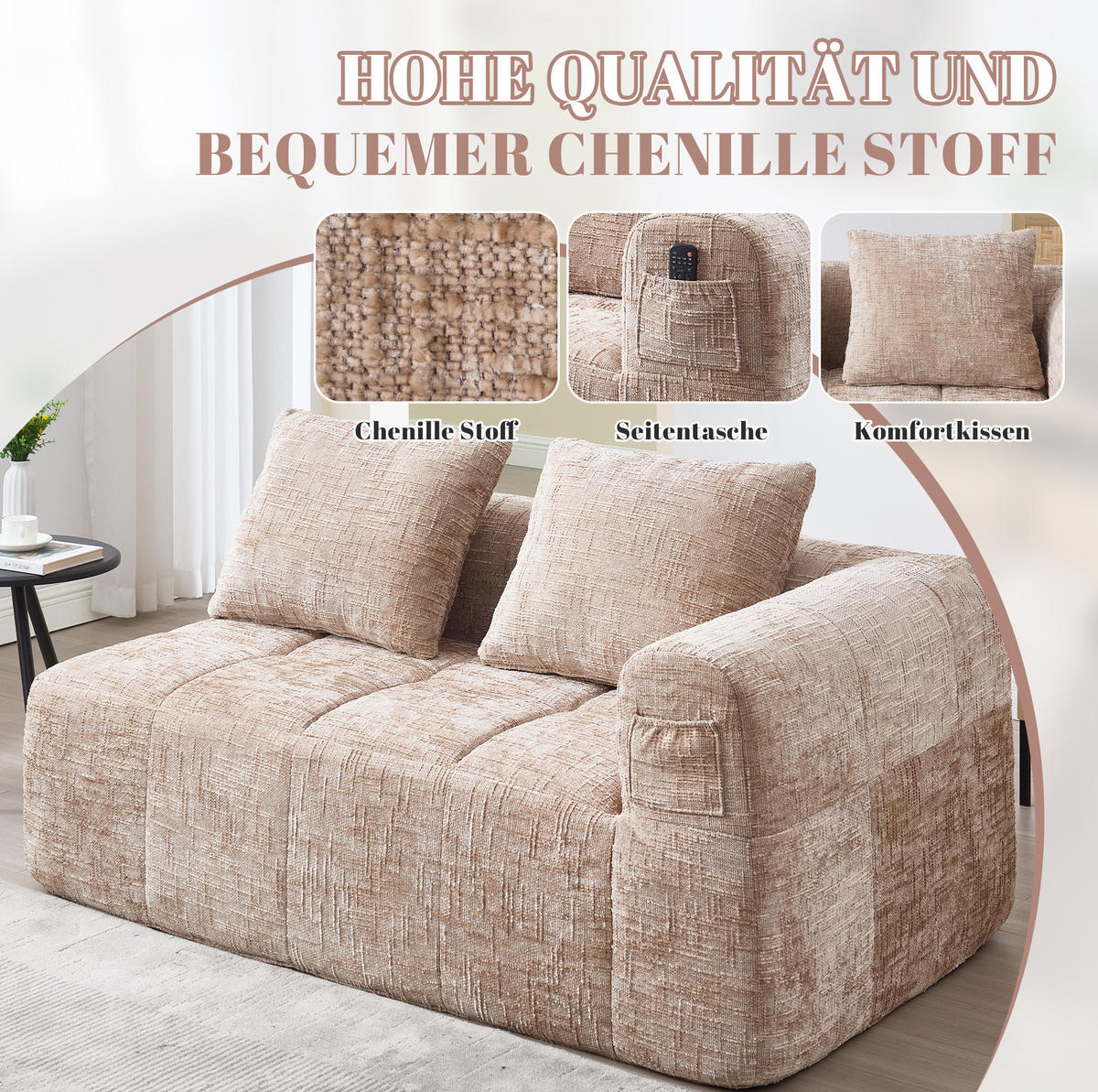 2-SITZER 158/90/60 cm Khaki aus Chenille mit Seitentaschen - Sandfarben, Textil (90/60/158cm) - OKMYHOME