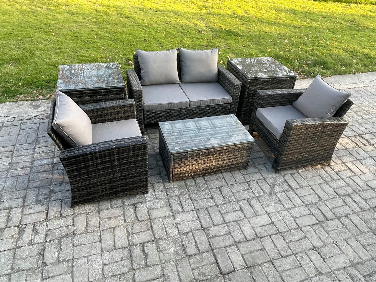 GARTENGARNITUR Polyrattan Dunkelgrau 9-Sitzer - Dunkelgrau, Metall - Fimous