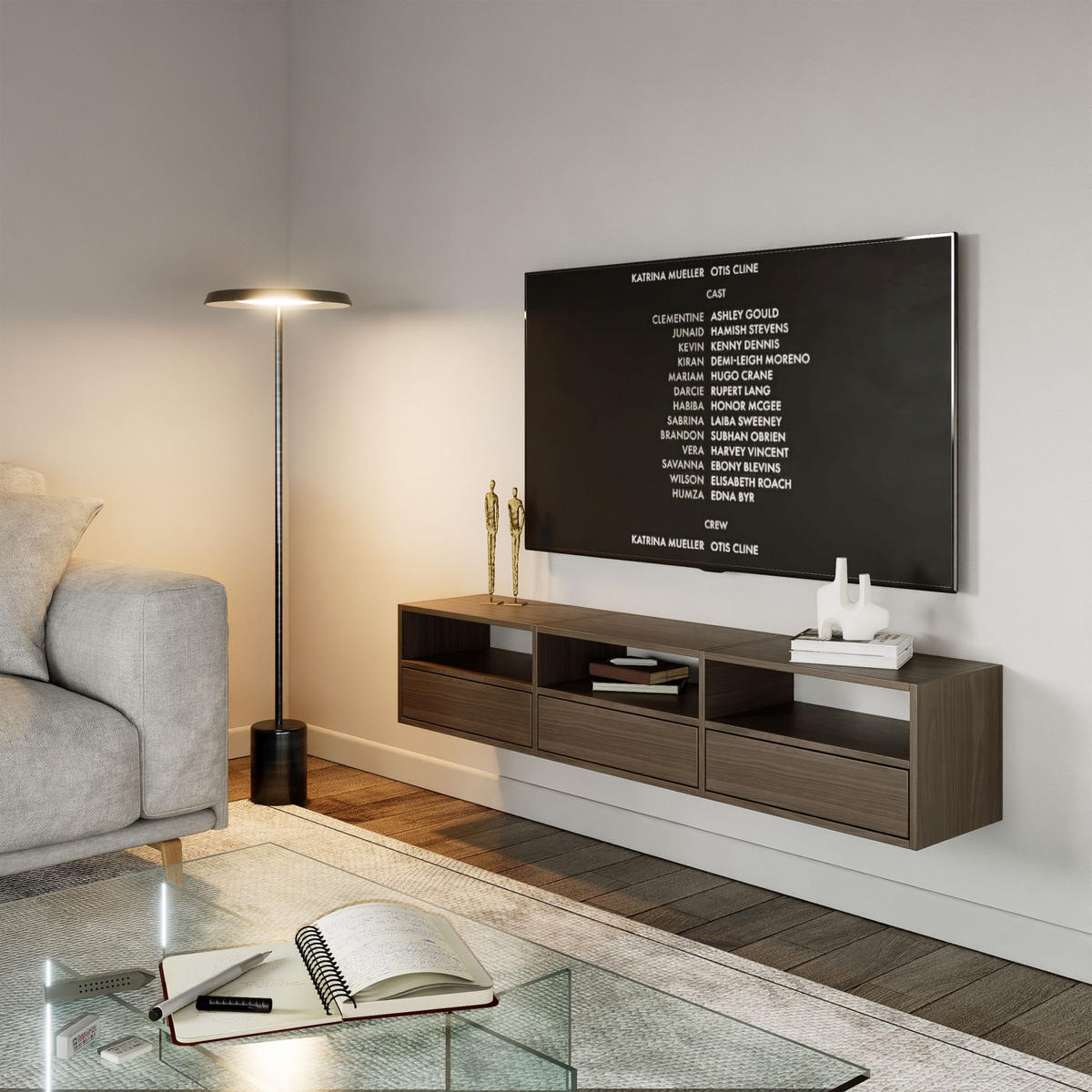 TV-LOWBOARD hängend, 3 Klappen und Ablagen, Walnuss, 150 cm - Dunkelbraun, Holzwerkstoff (150.1/30/30cm) - Selsey