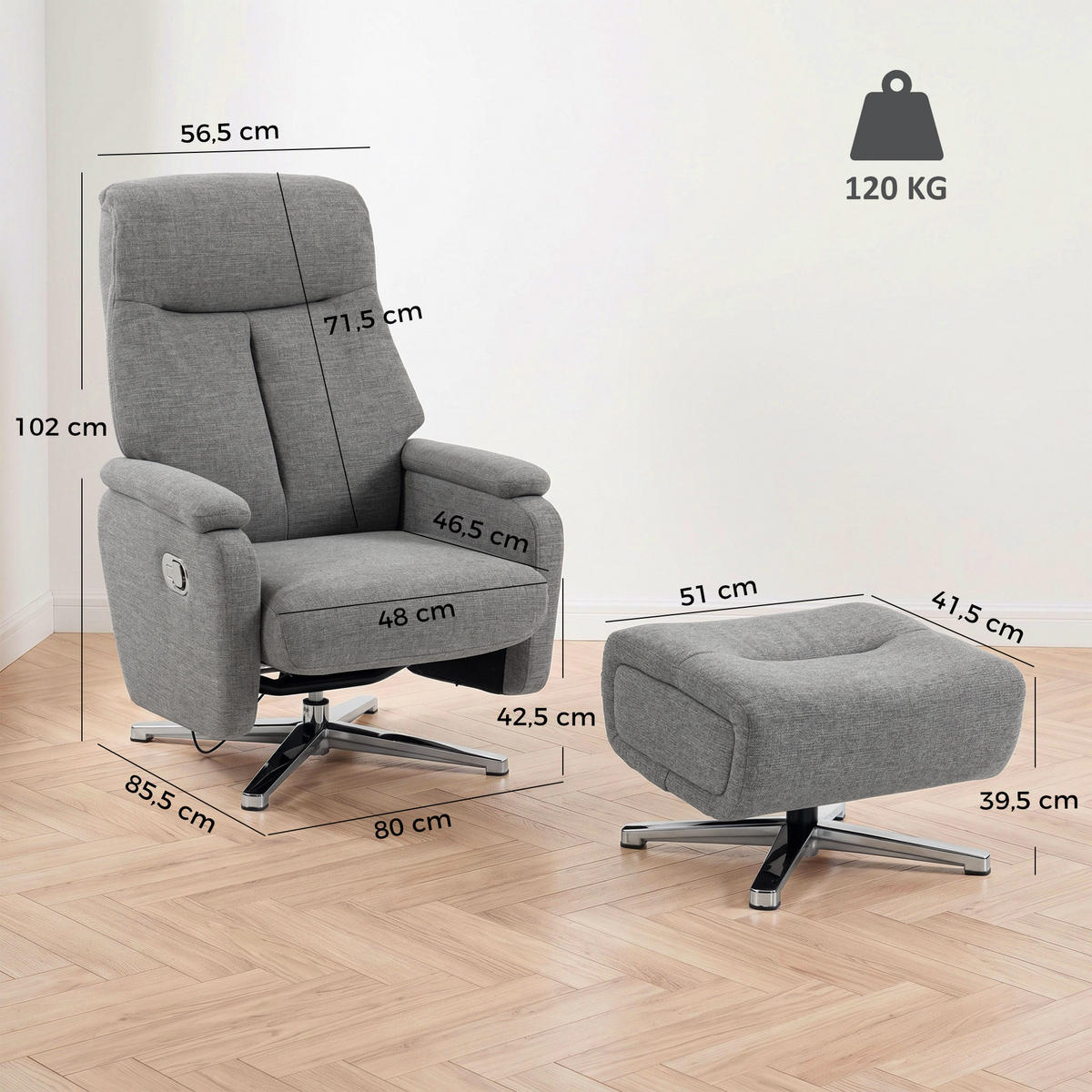 RELAXSESSEL-MIT-HOCKER 2er Set Leinenoptik Dunkelgrau - Dunkelgrau/Silberfarben, Holzwerkstoff/Textil (80/102/85.5cm) - HOMCOM