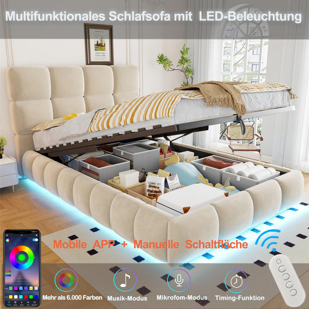 POLSTERBETT 90/200 cm in Beige mit Bettkasten, LED, Samt und gepolstertem Kopfteil - Beige, Holzwerkstoff/Textil (90/200cm) - STILVORA