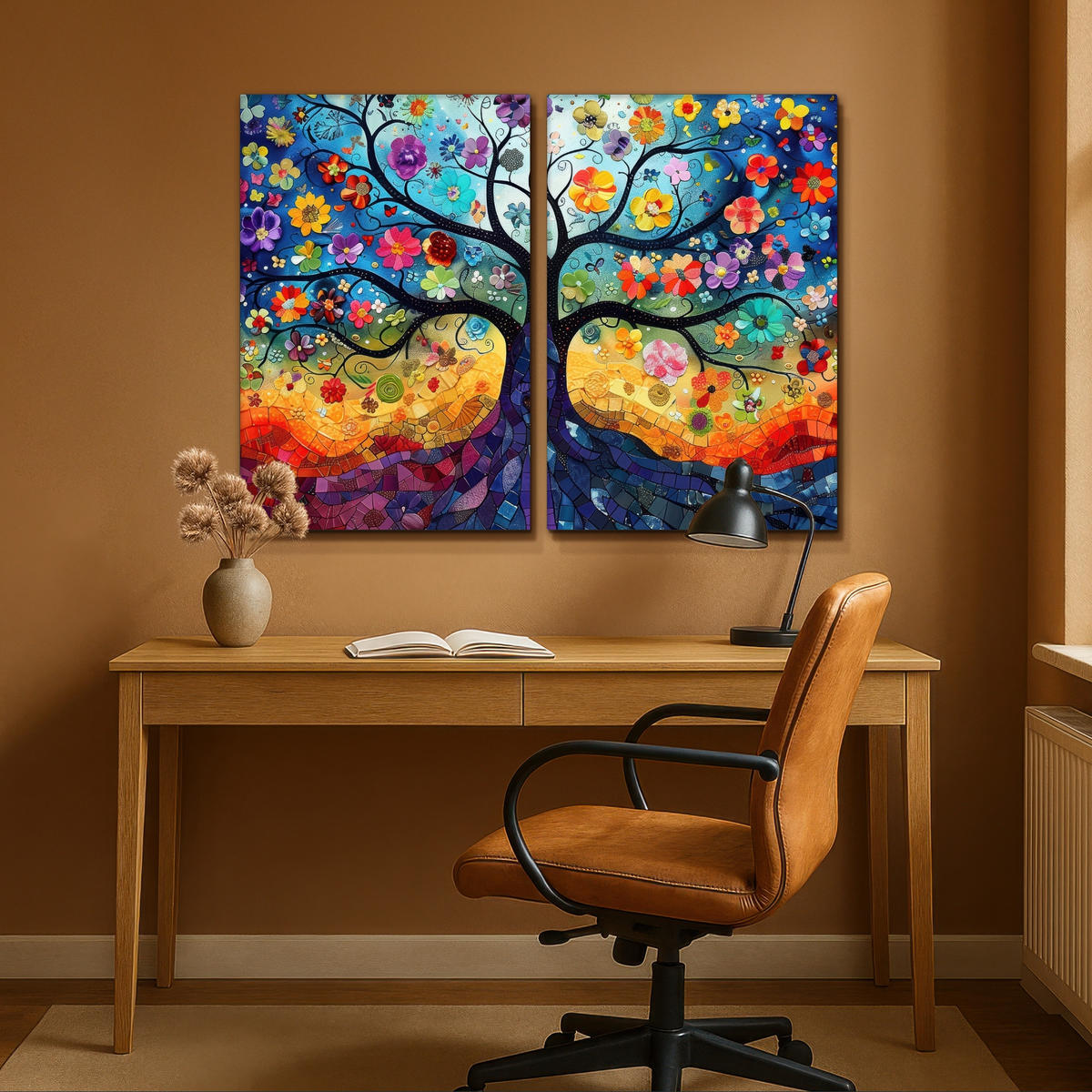 LEINWANDBILD 2er Set Bunt - Baum des Lebens - Blumen - Abstrakt 120x90 cm - Blau, Textil (120/90cm) - MuchoWow