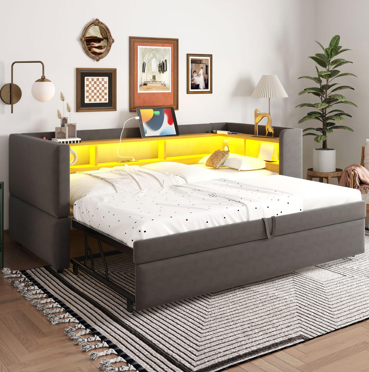 ROZKLÁDACÍ pohovka 90/180x190 cm tmavě šedá z flanelu s LED osvětlením a úložnými policemi - tmavě šedá, textil (90/190cm) - OKWISH